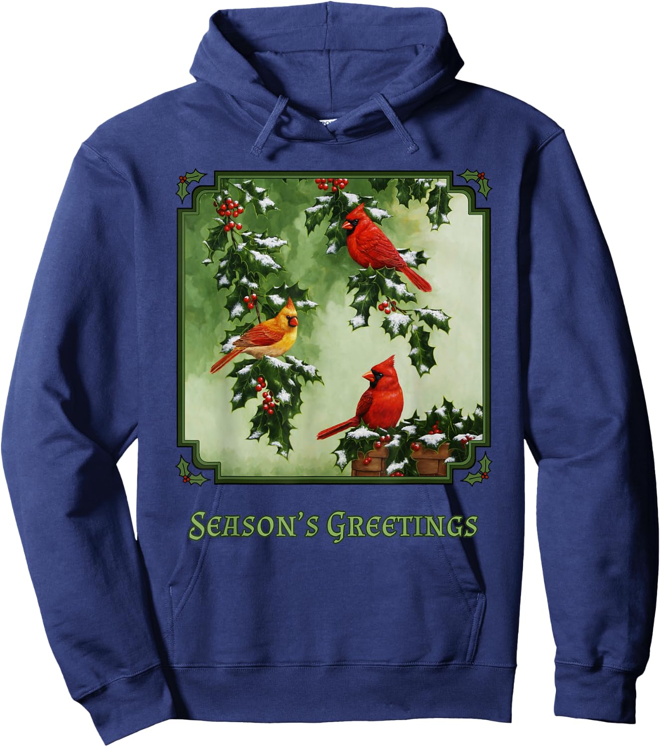 Red Cardinal Birds Christmas Holly Berries Leaves Snow Hoodie - Hoodie | Navy