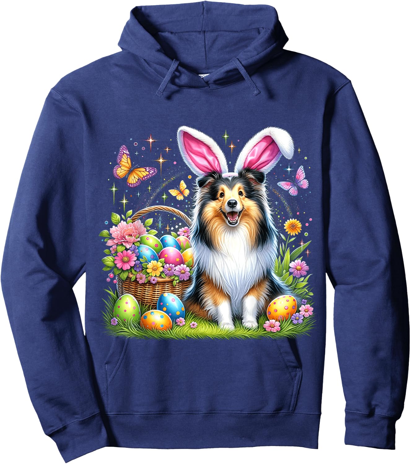 Cute Bunny Shetland Sheepdog Dog Easter Eggs Basket Party Hoodie - Hoodie | Navy