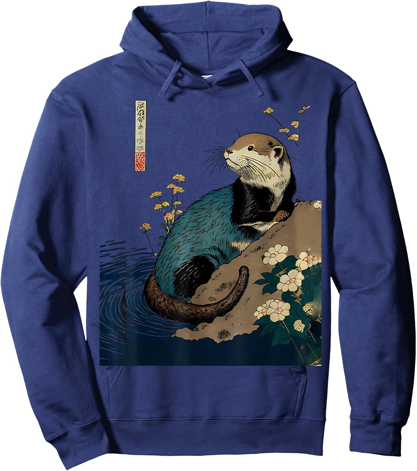 Floral Otter Water Japanese Art Print Hoodie - Hoodie | Navy