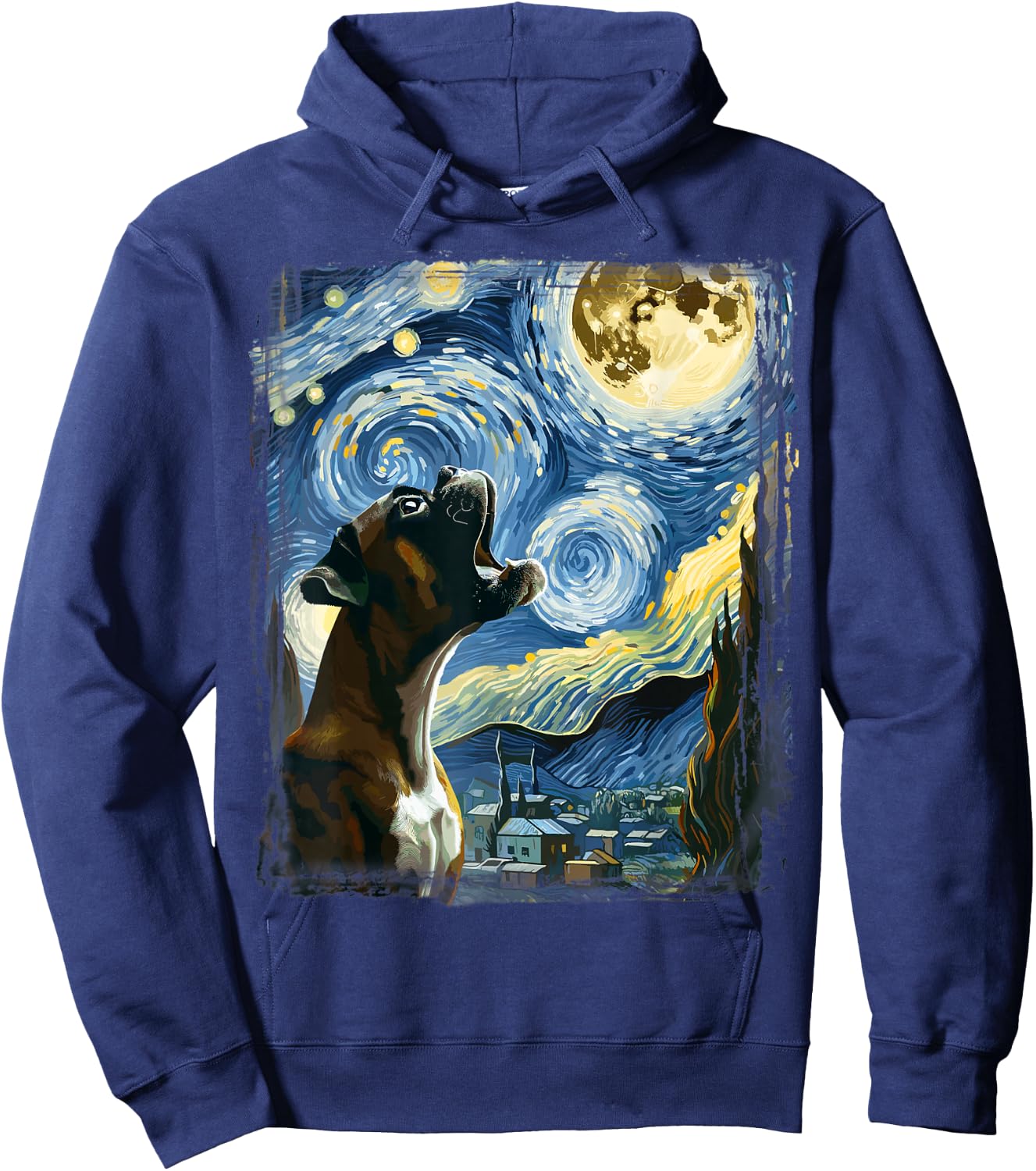 Boxer Dog Moonlit Canine Art Van Gogh Starry Night Boxer Hoodie - Hoodie | Navy
