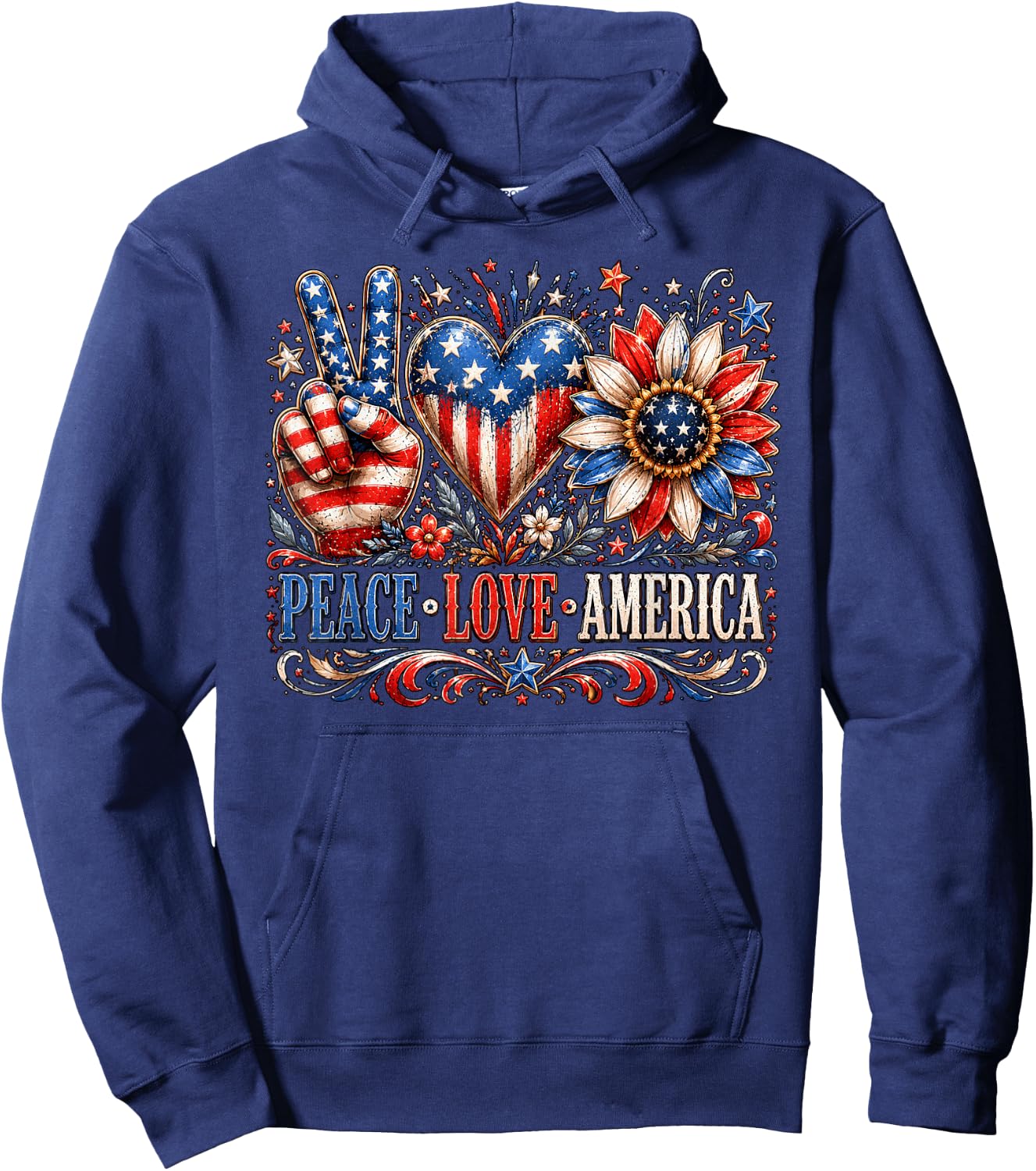 Patriotic Sunflower USA Flag Peace Love America 4th of July Hoodie - Hoodie | Navy
