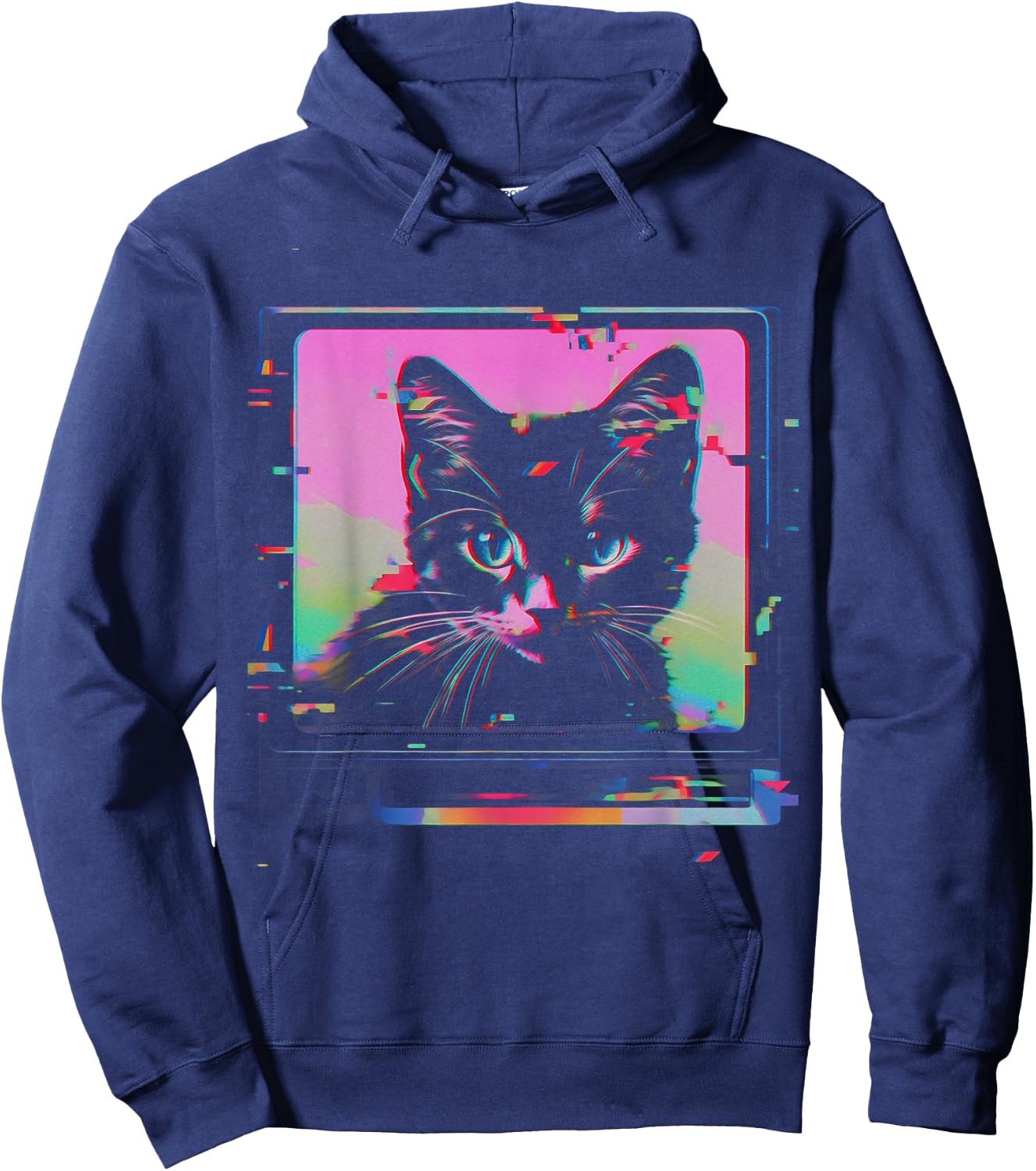 Psychedelic Trippy Glitch Cat | 80s 90s Vaporwave Synthwave Hoodie - Hoodie | Navy
