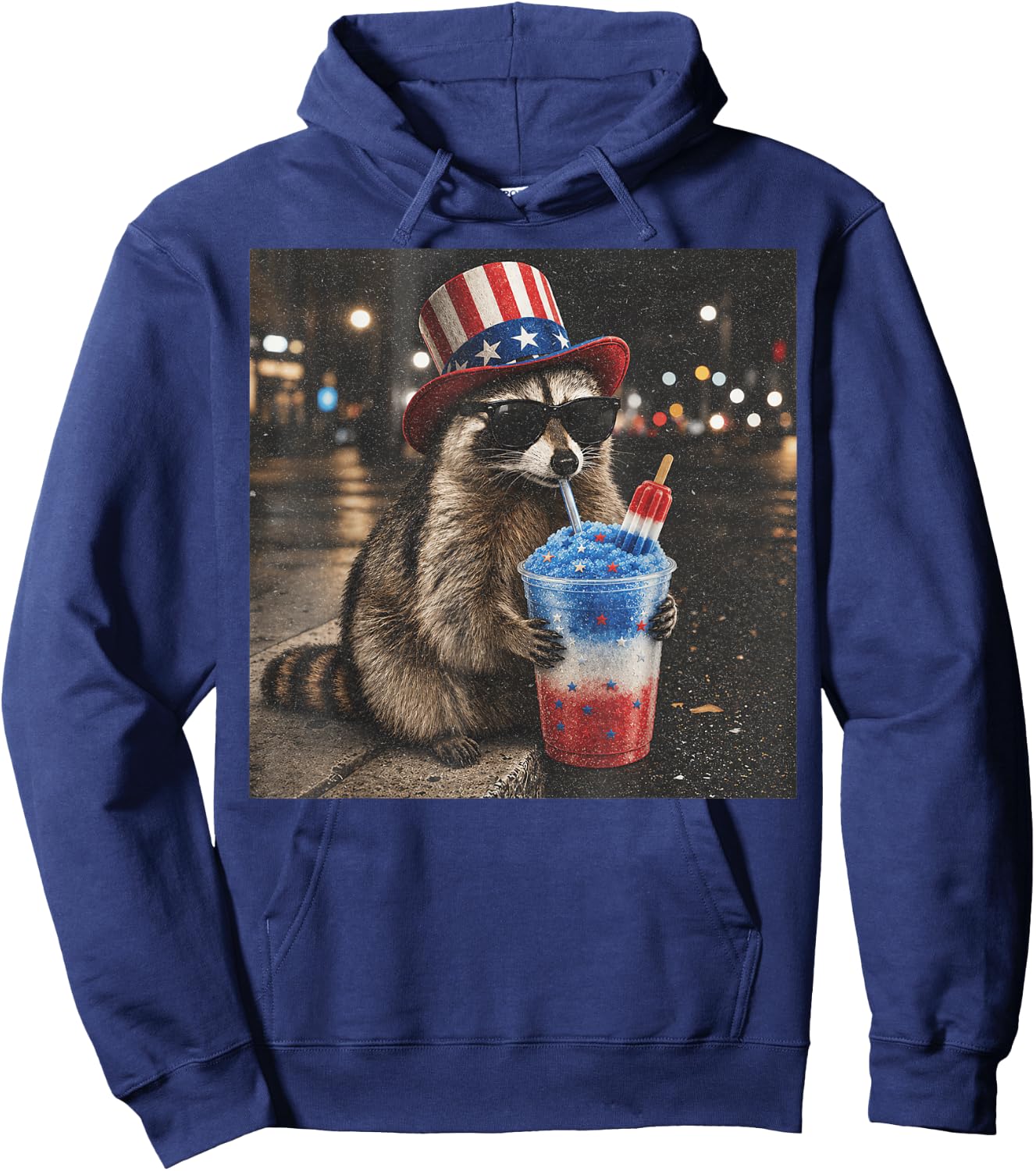 4th of July Raccoon Drinking Red White Blue Slushie Popsicle Hoodie - Hoodie | Navy