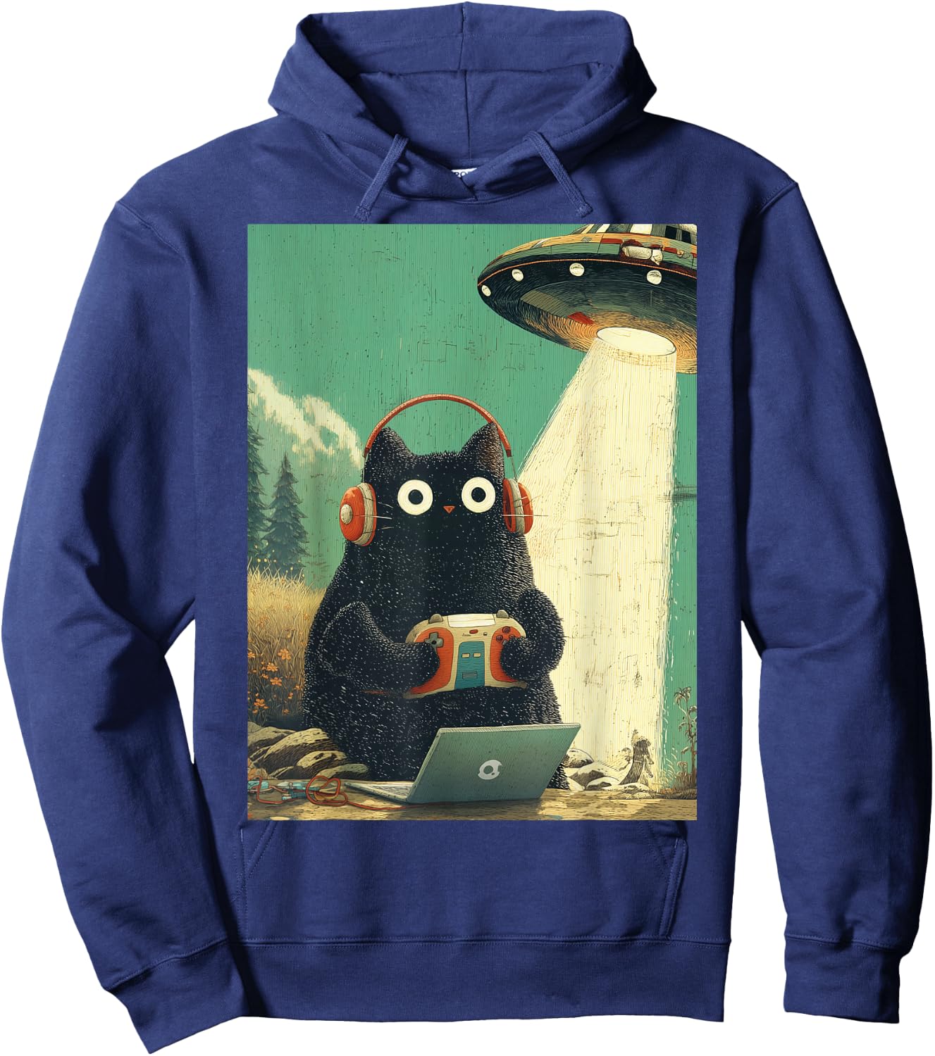 Vintage Japanische Katze Gamer Videospiele Abduktion UFO Anime Hoodie - Hoodie | Navy