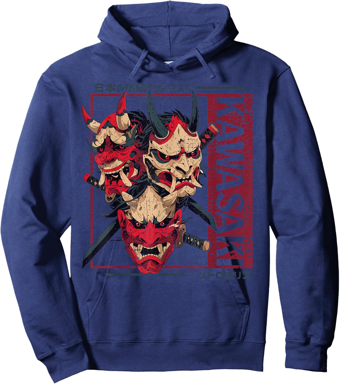 Kawasaki City Retro Japanese Noh Masks 80s Kawasaki , Black, S Hoodie - Hoodie | Navy