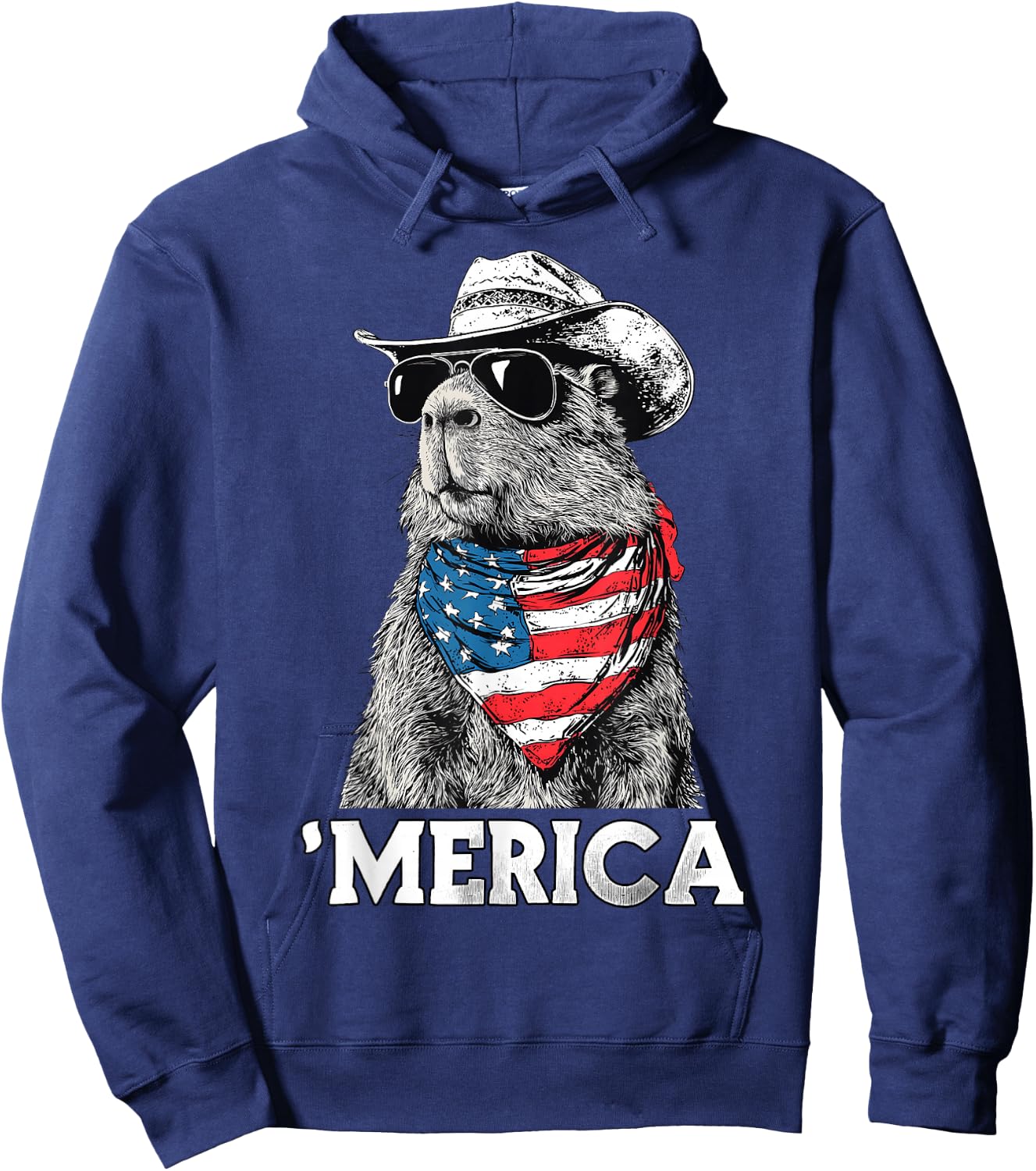 Capybara Sunglasses American Flag Bandana Cowboy Hat Country Hoodie - Hoodie | Navy