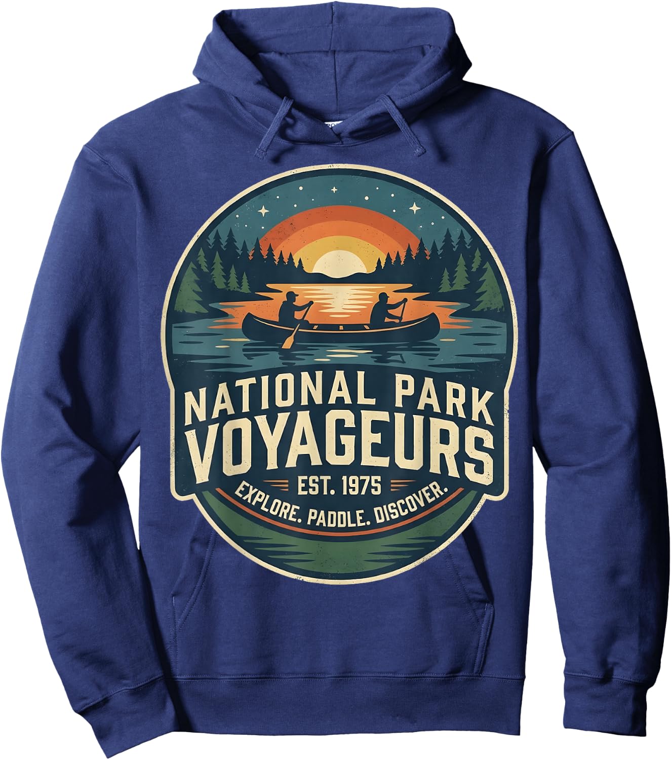 National Park Voyageurs Retro Sunset Canoe Paddling Badge Hoodie - Hoodie | Navy