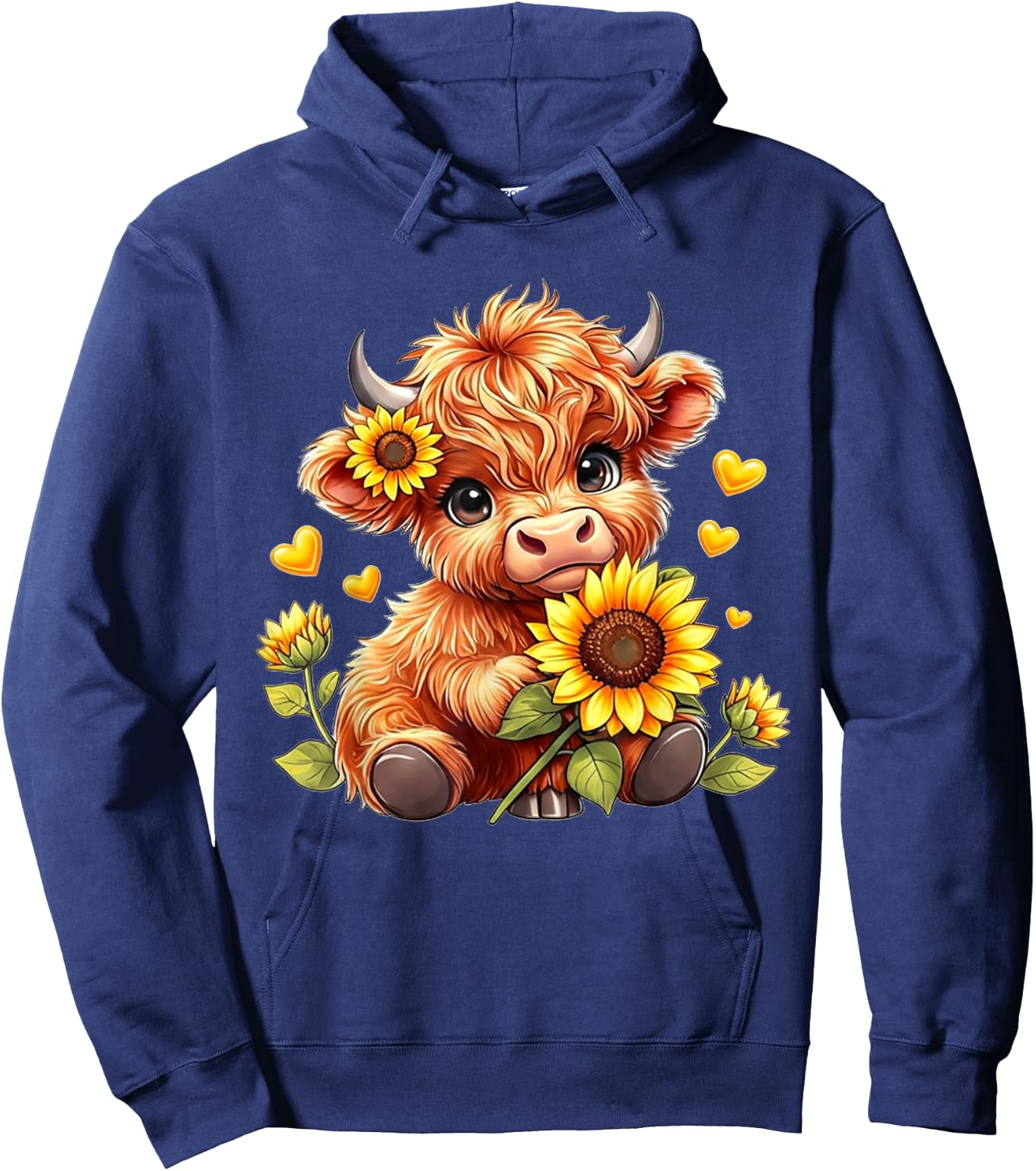 Cute Highland Cow Sunflowers Girls Women Animal Lovers Hoodie - Hoodie | Navy