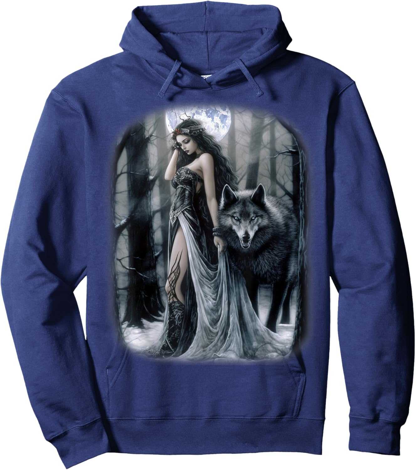 Frau und Grauer Wolf im dunklen Wald mit Mond Fantasy Hoodie - Hoodie | Navy