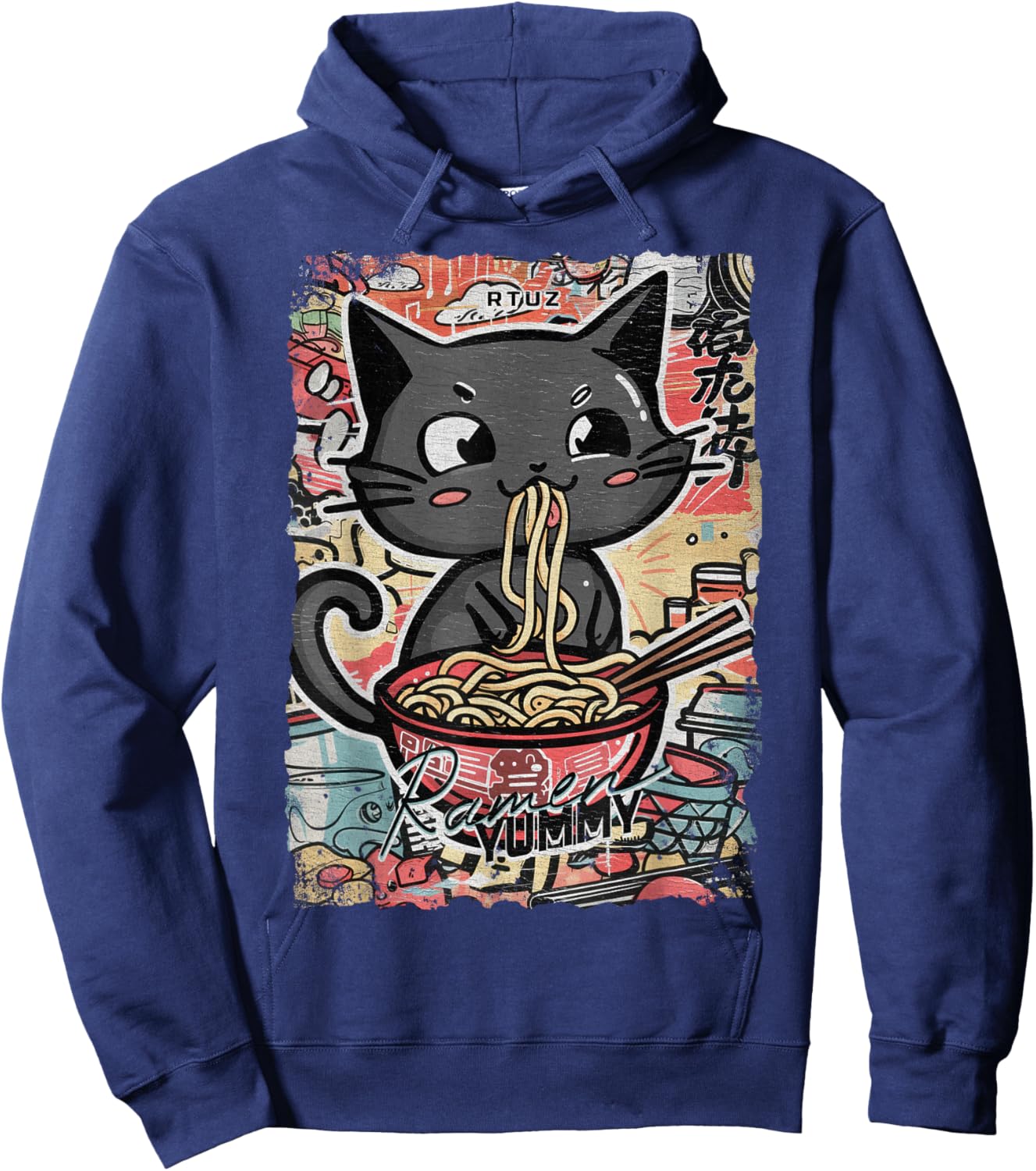 Cat Ramen Noodle Japanese Anime Manga Ramen Kawaii Cat , black Hoodie - Hoodie | Navy