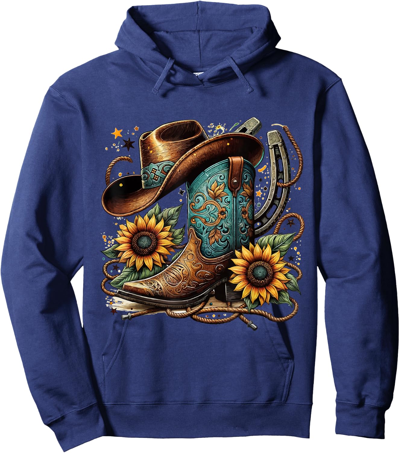 Western Cowboy Boots Horseshoe Sunflower Rope Cowgirl Boat , black Hoodie - Hoodie | Navy