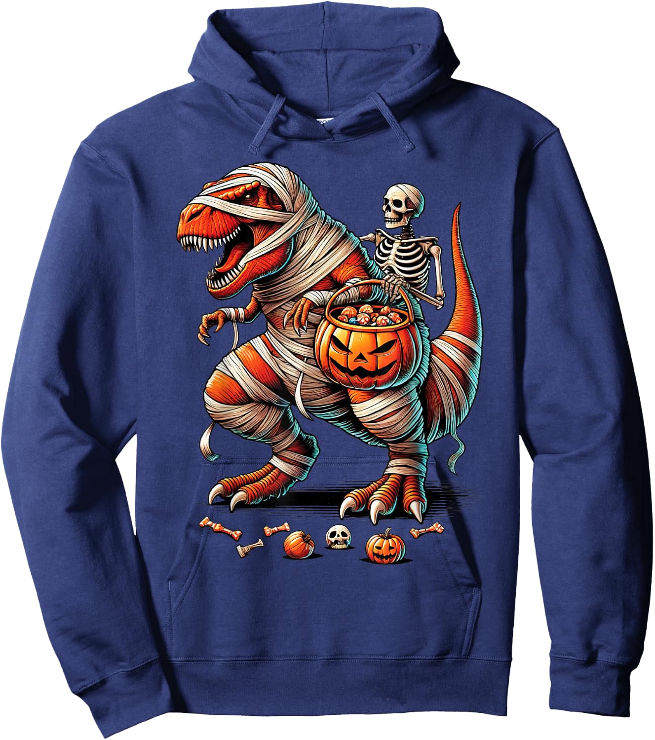 Skeleton Riding Mummy Dinosaur T Rex Kid Boy Funny Halloween Hoodie - Hoodie | Navy