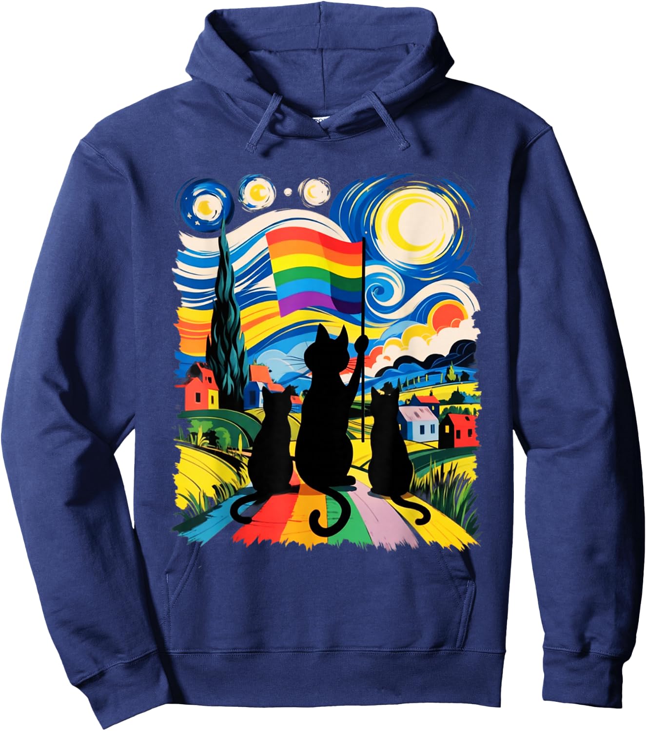 Gay Pride Cats Art Cat Starry Night Style LGBTQ Support Hoodie - Hoodie | Navy