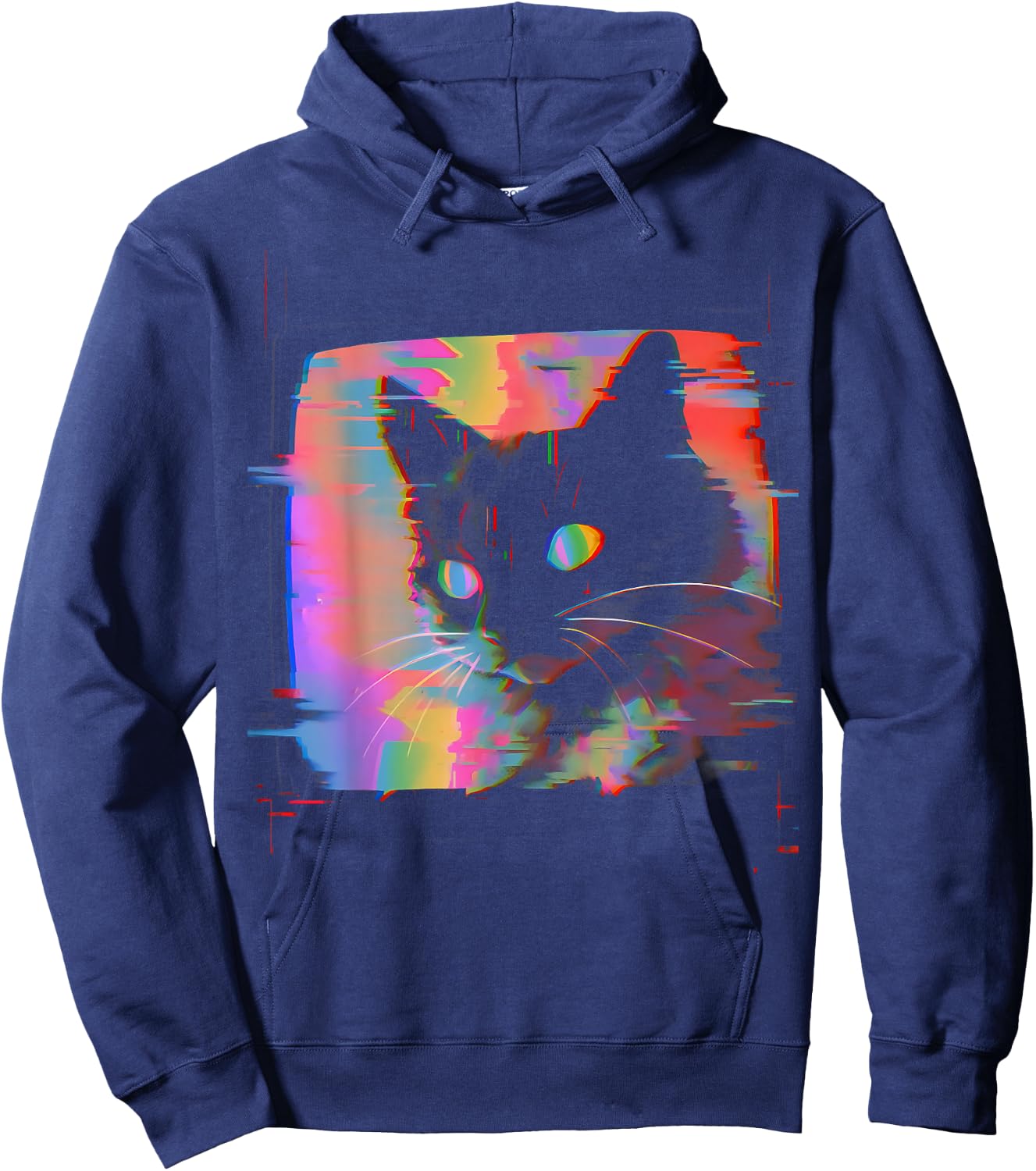 Psychedelic Trippy Glitch Cat | 80s 90s Vaporwave Synthwave Hoodie - Hoodie | Navy