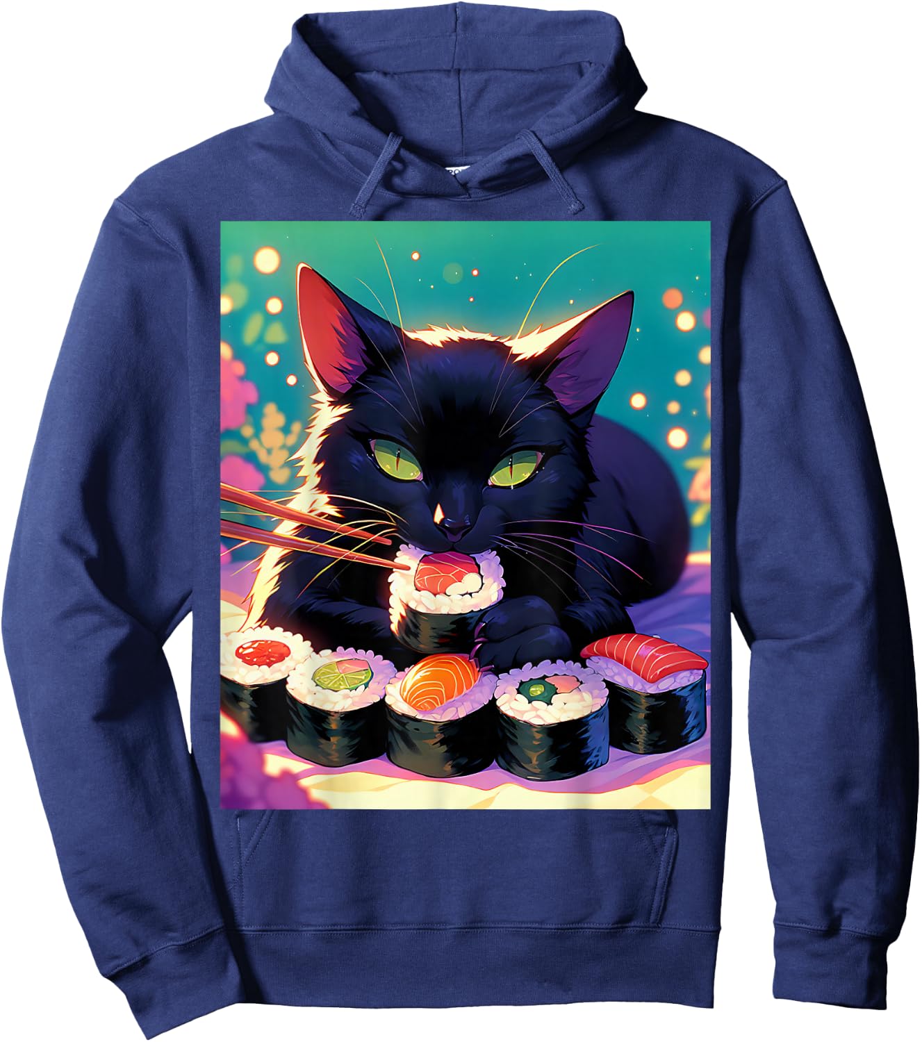 Black Cat Eating Sushi Anime Funny Cat Gifts Men Women Kids Hoodie - Hoodie | Navy