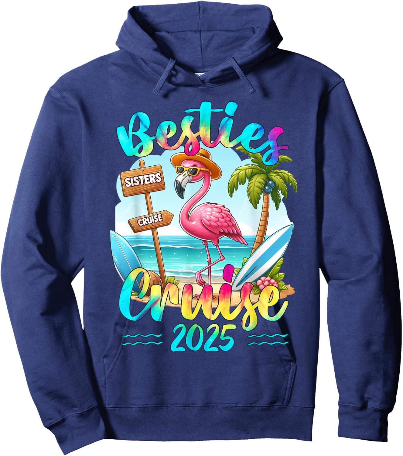 Besties Cruise 2025 Tie Dye Flamingo Cruise Squad Girls Trip Hoodie - Hoodie | Navy