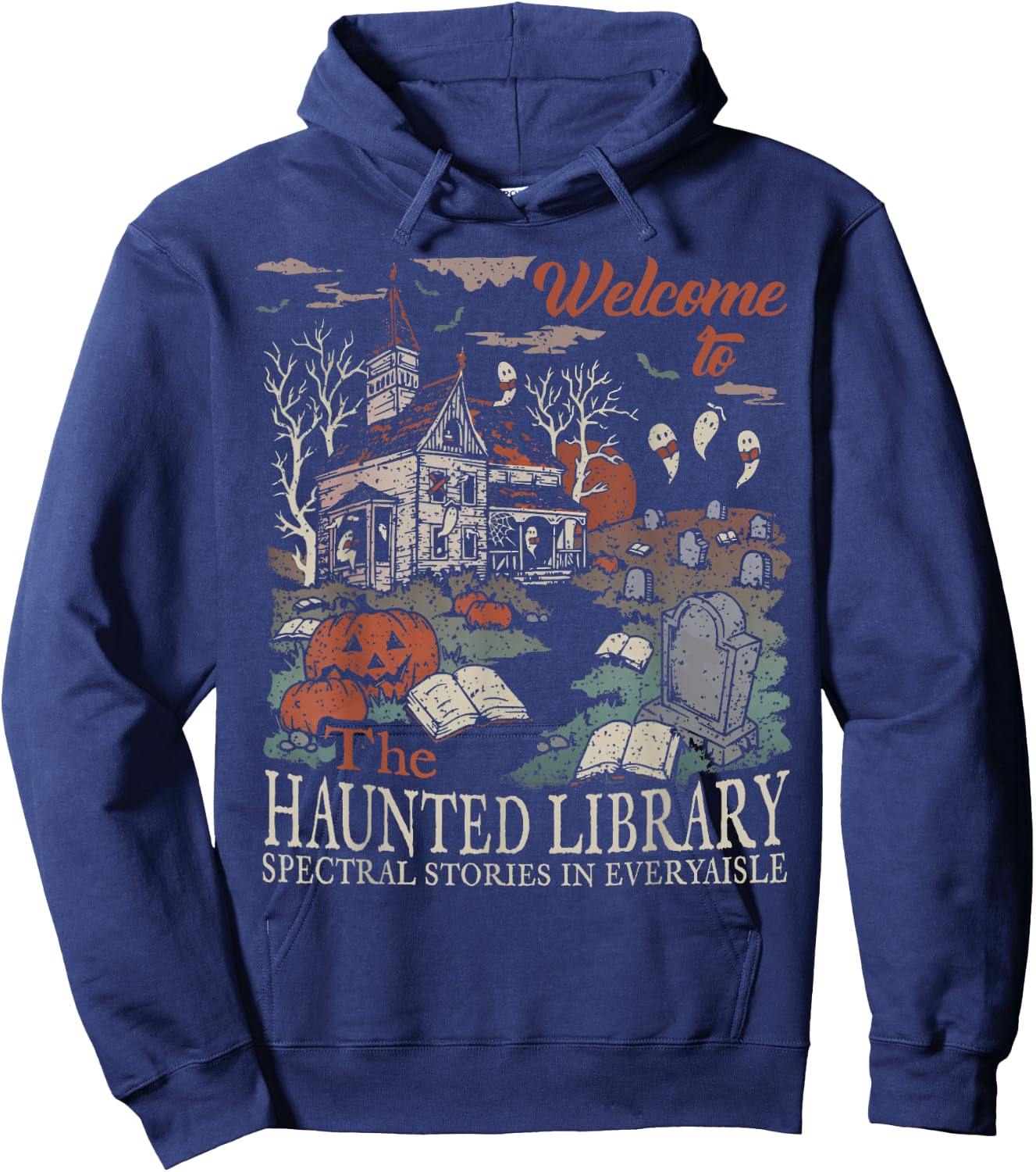 Retro Welcome To The Haunted Library Book Lovers Halloween Hoodie - Hoodie | Navy