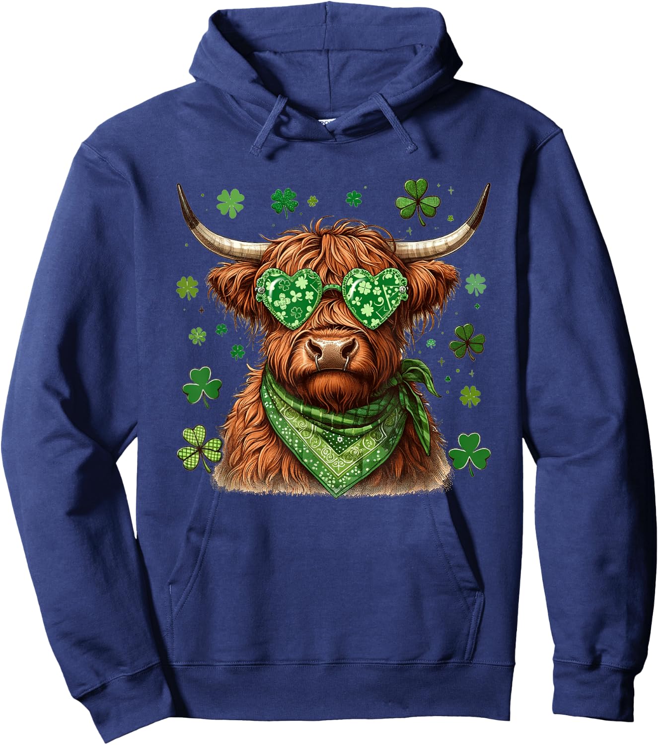 BUTLERTEES Women's St. Patrick's Day Highland Cow Shamrock (Black, Standard Length, Cotton) Hoodie - Hoodie | Navy