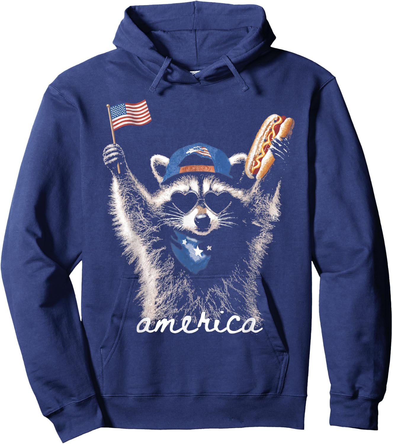 Retro Funny America Raccoon Hot Dog Lovers Patriotic US Flag Hoodie - Hoodie | Navy