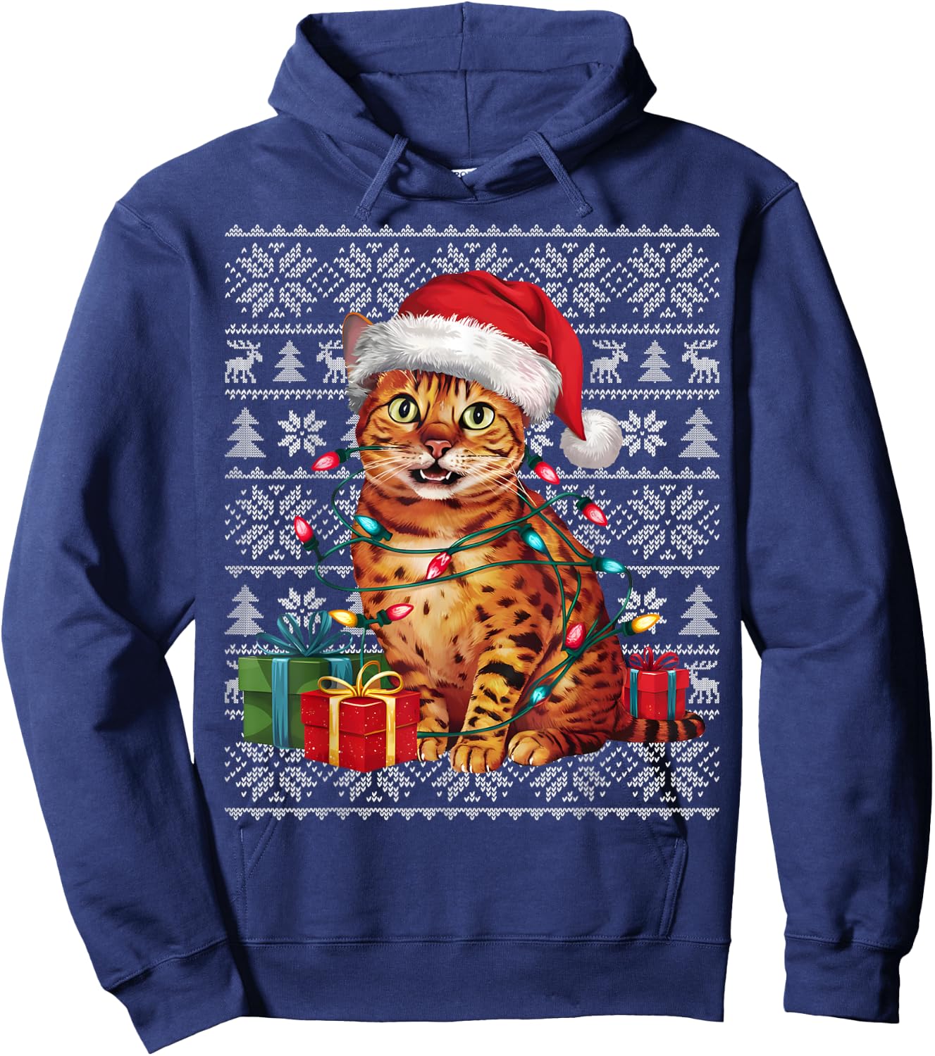 Xmas Sweater Style Ugly Santa Hat Bengal Cat Christmas Women Kids Hoodie - Hoodie | Navy