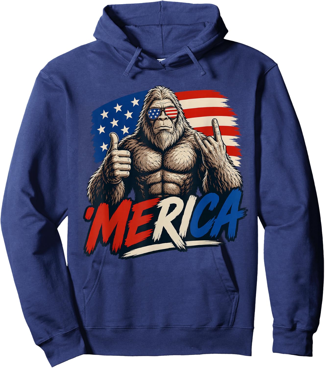 Bigfoot 'Merica Rock Thumbs Up American Flag 4th of July Hoodie - Hoodie | Navy