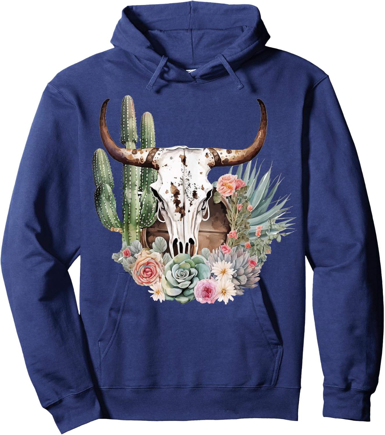 Western Boho Chic Longhorn Bull Skull Cactus Beige Pattern Hoodie - Hoodie | Navy