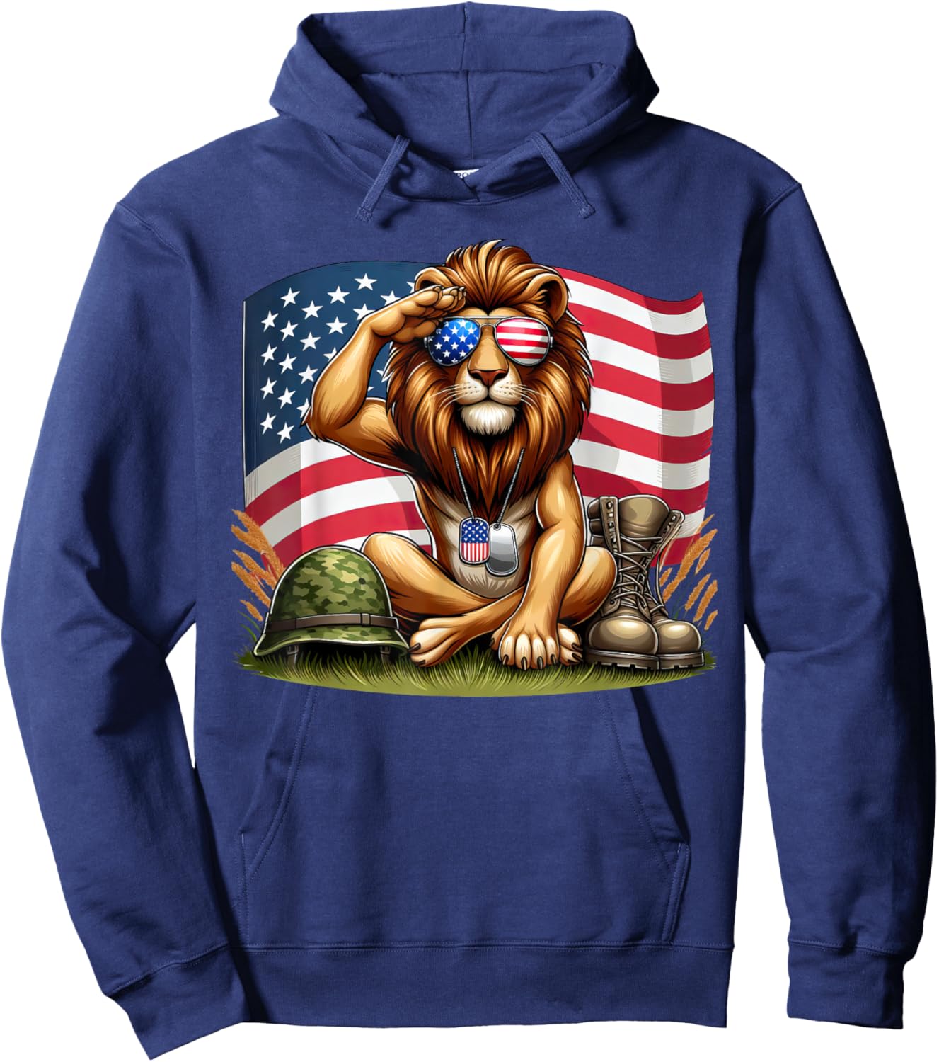Salute Lion American USA Flag Memorial Day 4th of July Hoodie - Hoodie | Navy