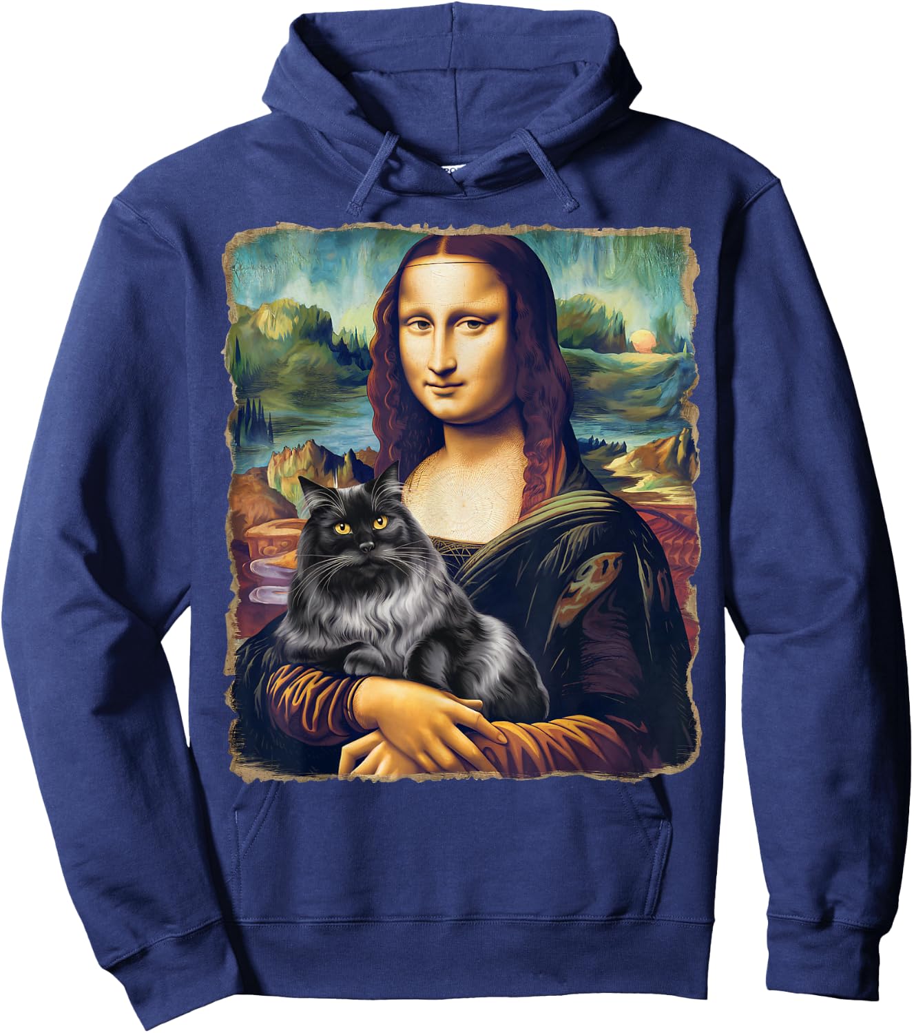 Black Cat Art Painting Apparel Gifts Graphic Mona Lisa Cat Art Funny for Cat Lovers, -Adults, Kids, Black, Small, Short Sleeve Hoodie - Hoodie | Navy