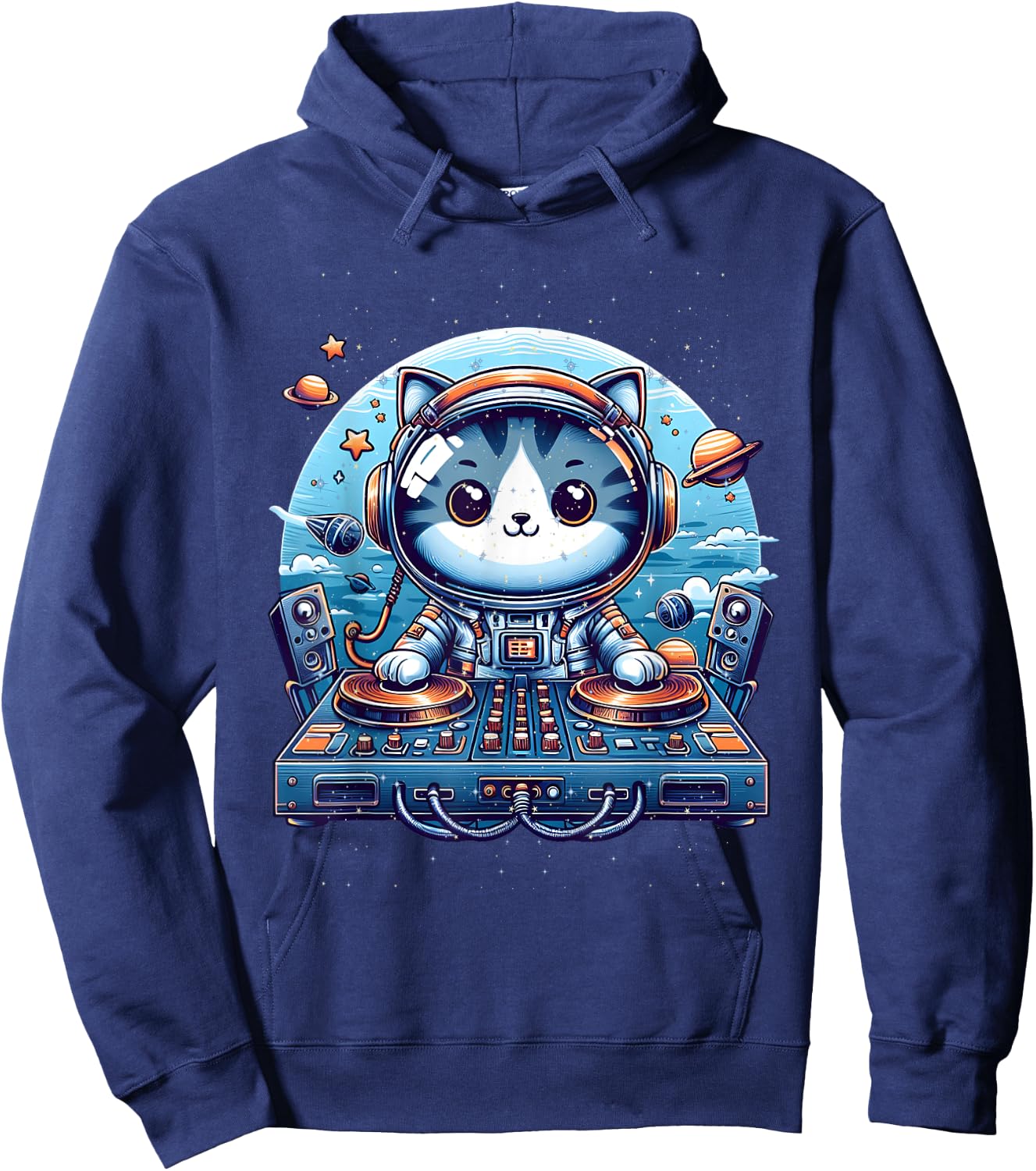 DJ Cat Cute Space Cat Disc Jockey Cat in Astronaut Suit Hoodie - Hoodie | Navy
