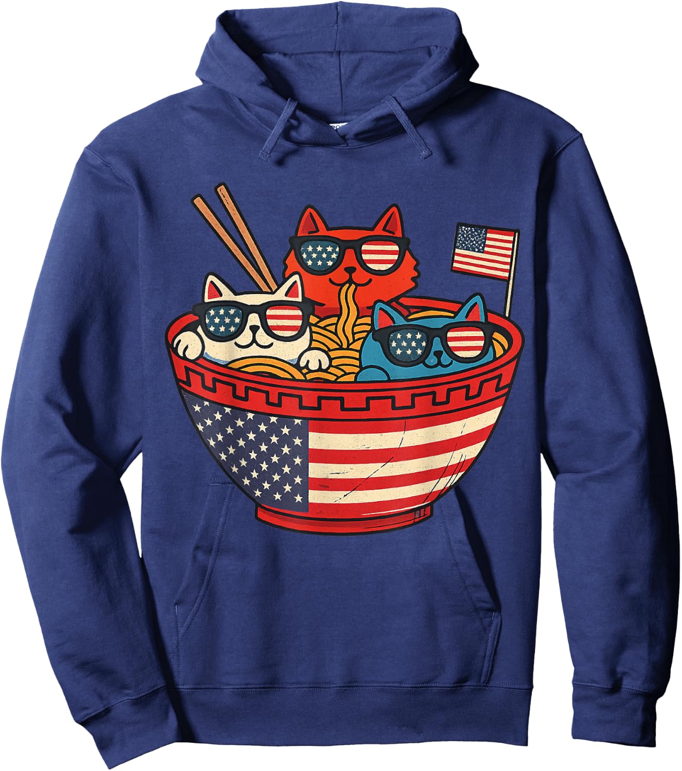 Cats Ramen Anime American Flag USA Funny 4th Of July Fourth Hoodie - Hoodie | Navy