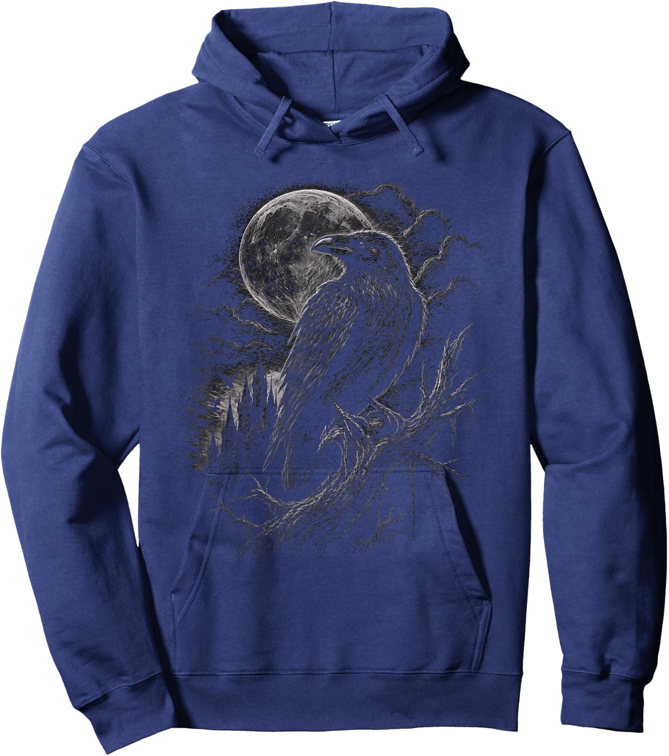 Gothic Crow with Moon Graphic Artwork Raven Design Hoodie - Hoodie | Navy