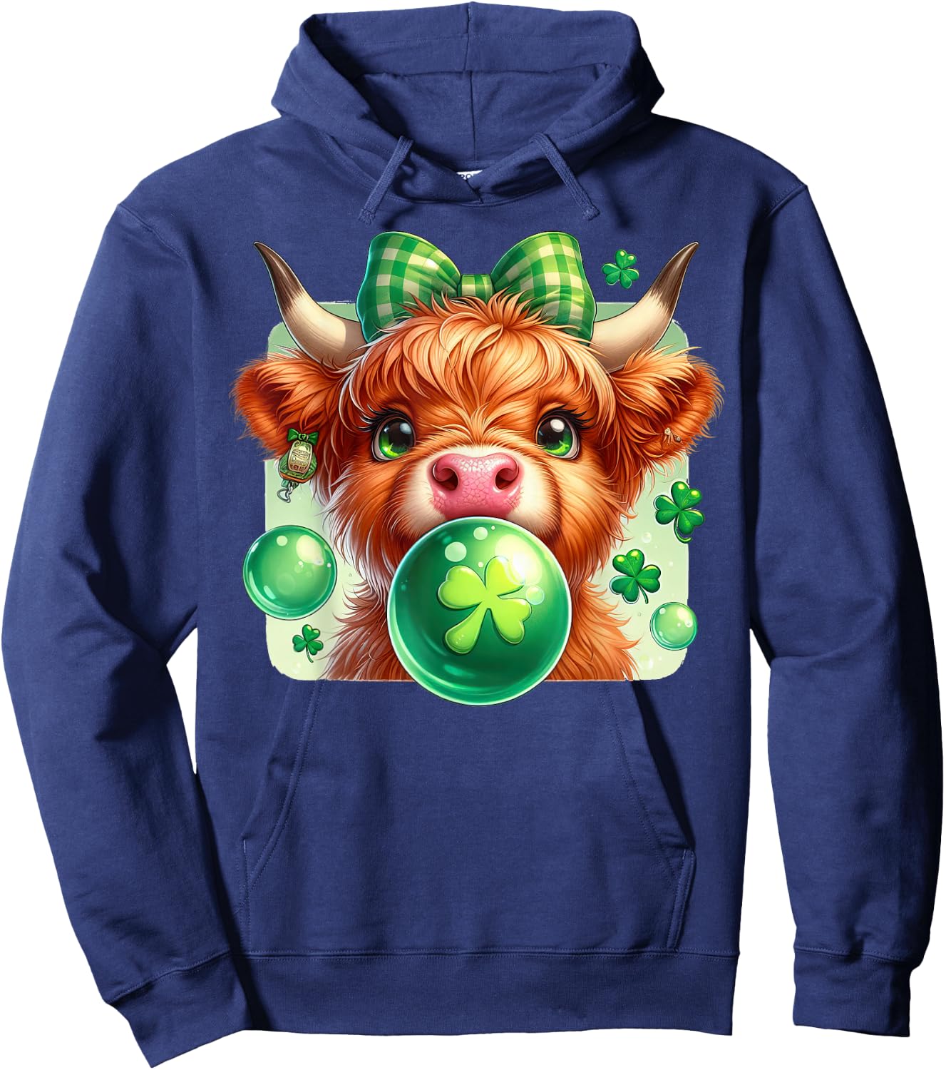 Highland Cow Blowing Bubblegum Celebrate St Patricks Day Hoodie - Hoodie | Navy