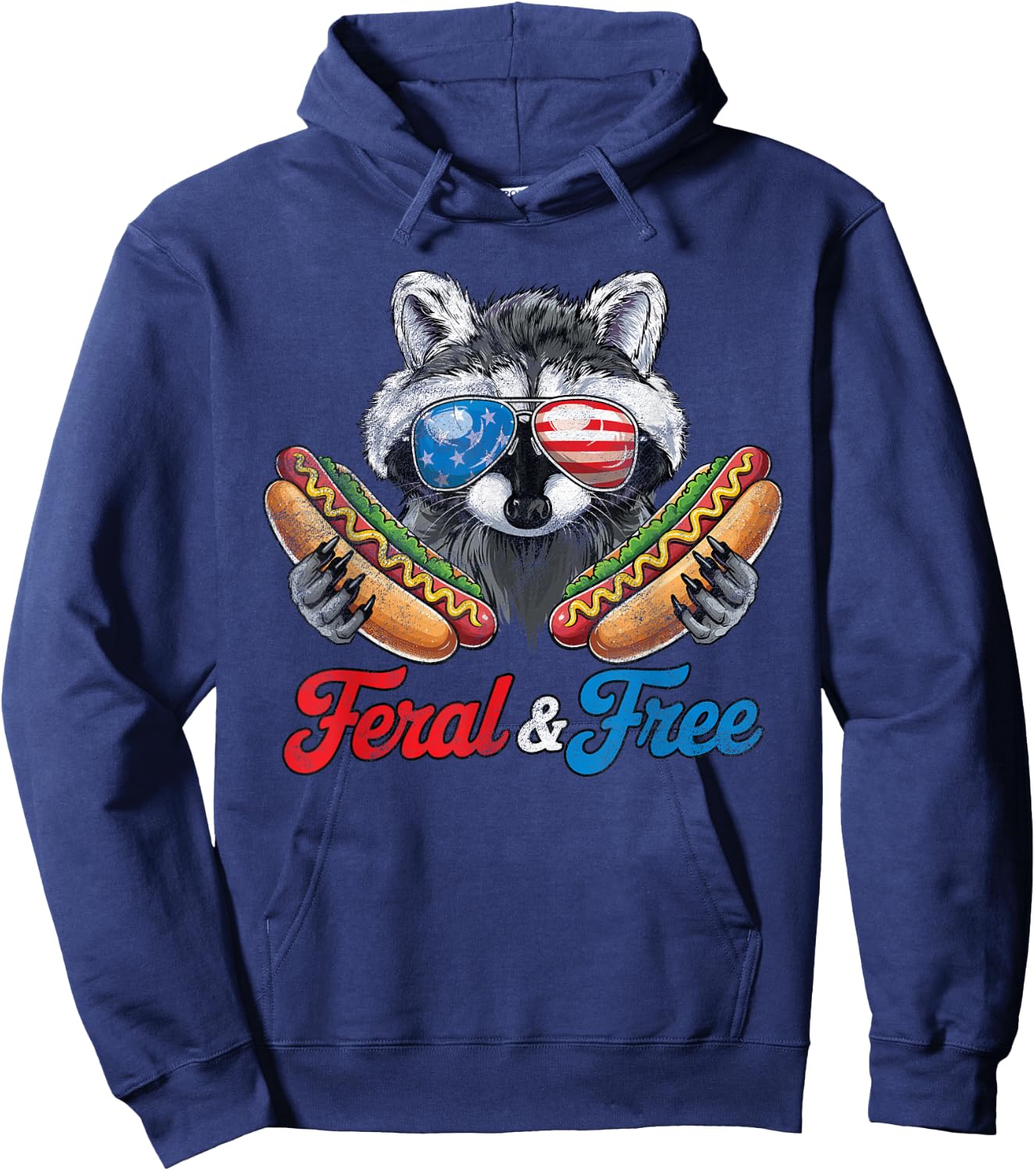 Funny Raccoon 4th of July Feral And Free Hoodie - Hoodie | Navy