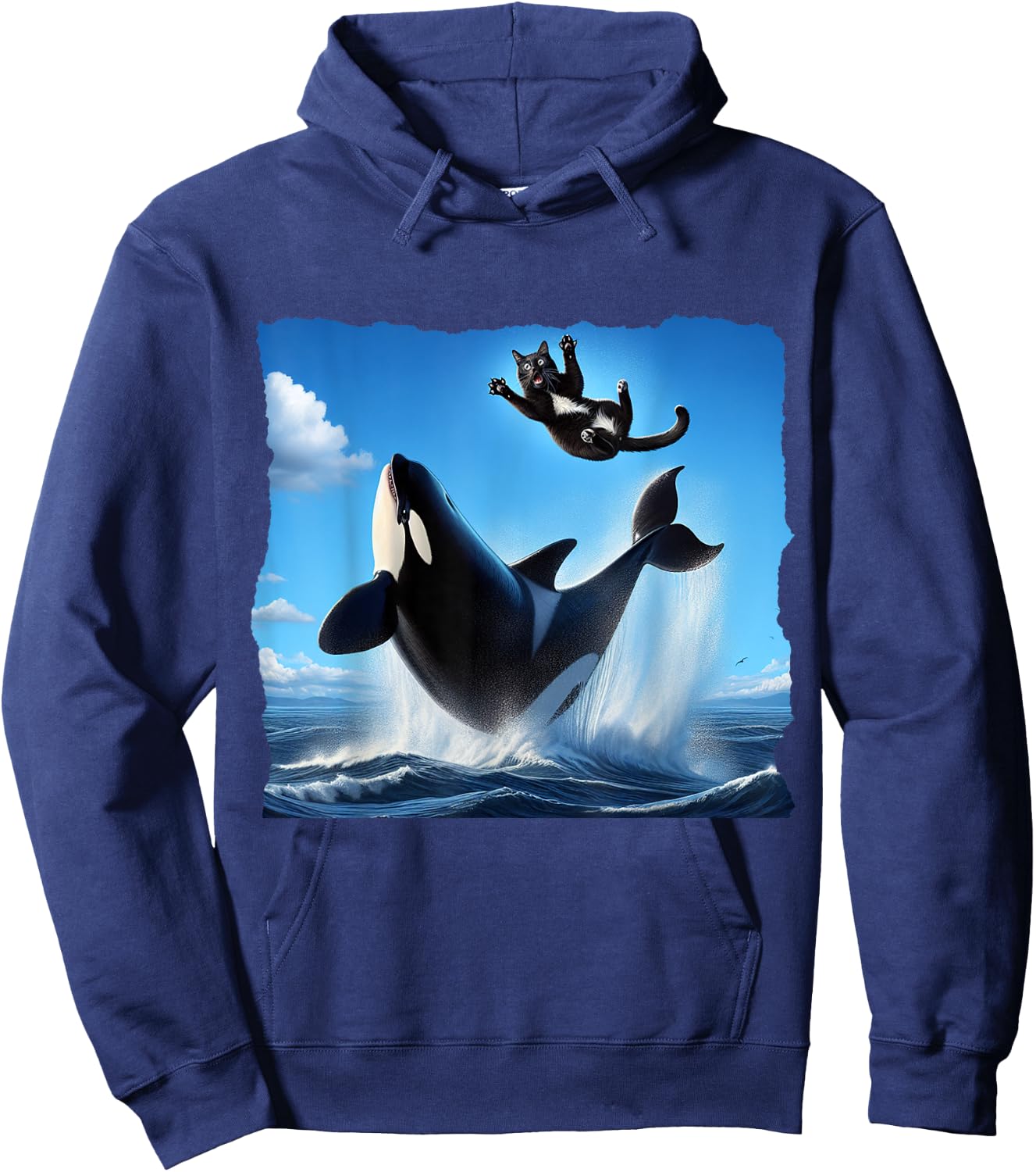 Funny Orca Whale Playing With Black Cat. cat and orca lover Hoodie - Hoodie | Navy