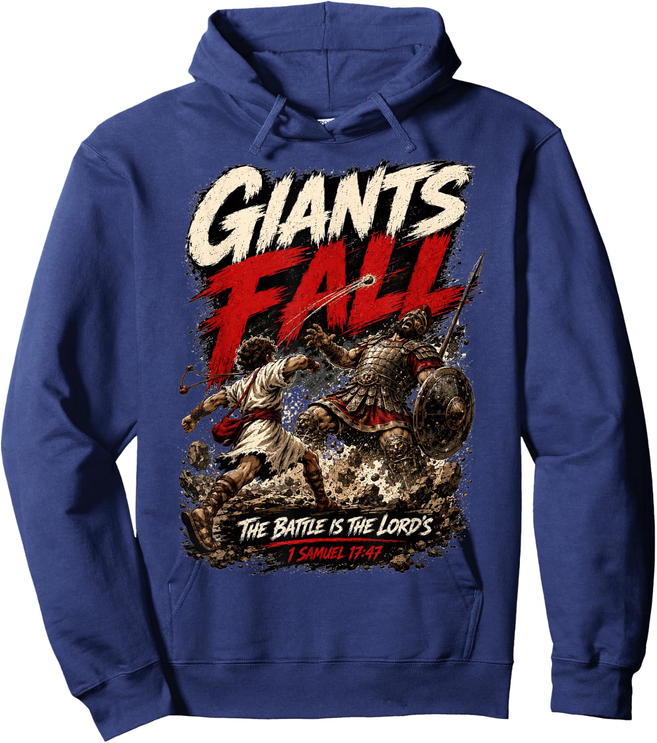 Giants Fall The Battle is The Lord's David and Goliath Bible Hoodie - Hoodie | Navy