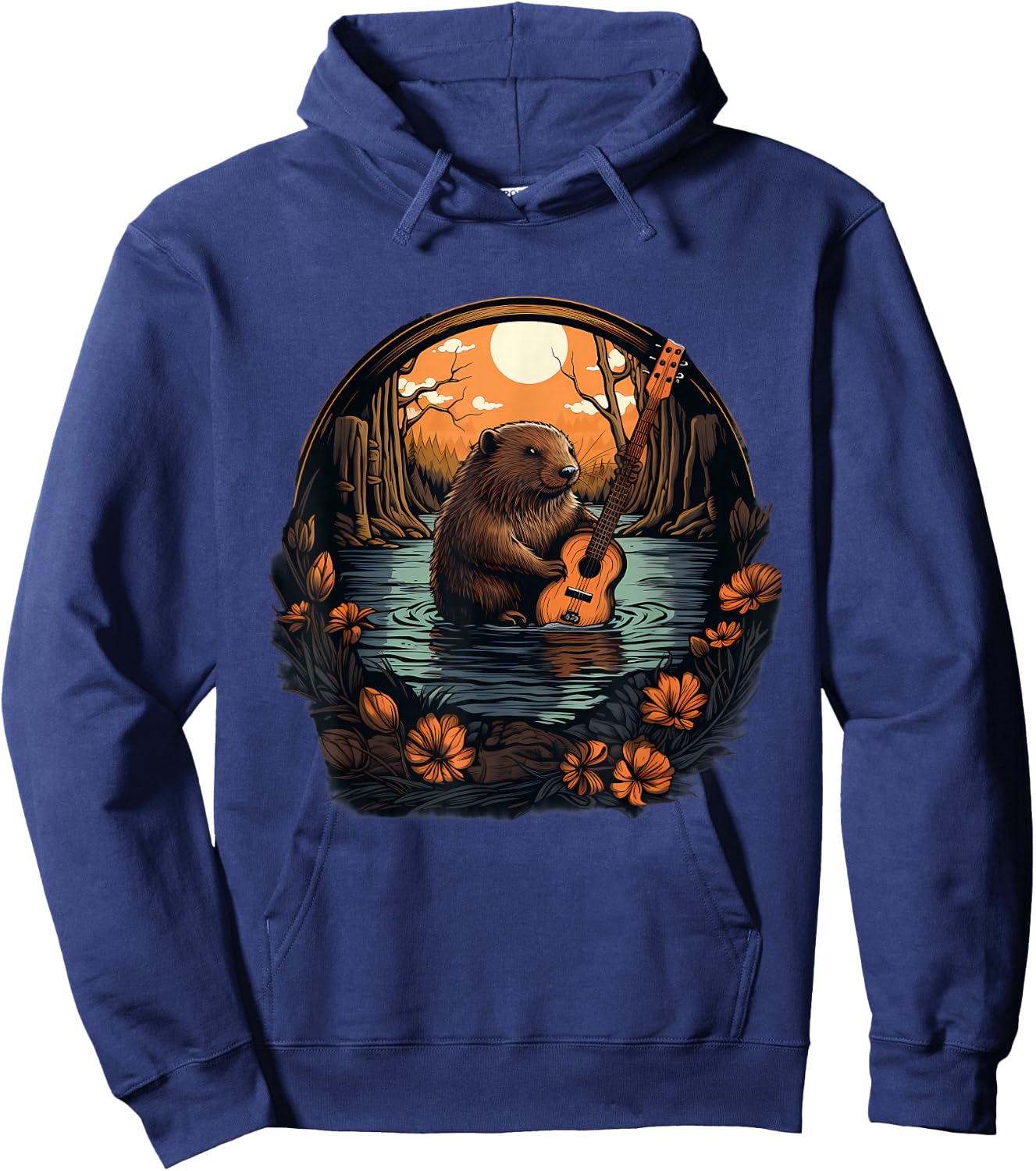Beaver Nature Guitar Landscape Wildlife Artwork Animal Art Hoodie - Hoodie | Navy