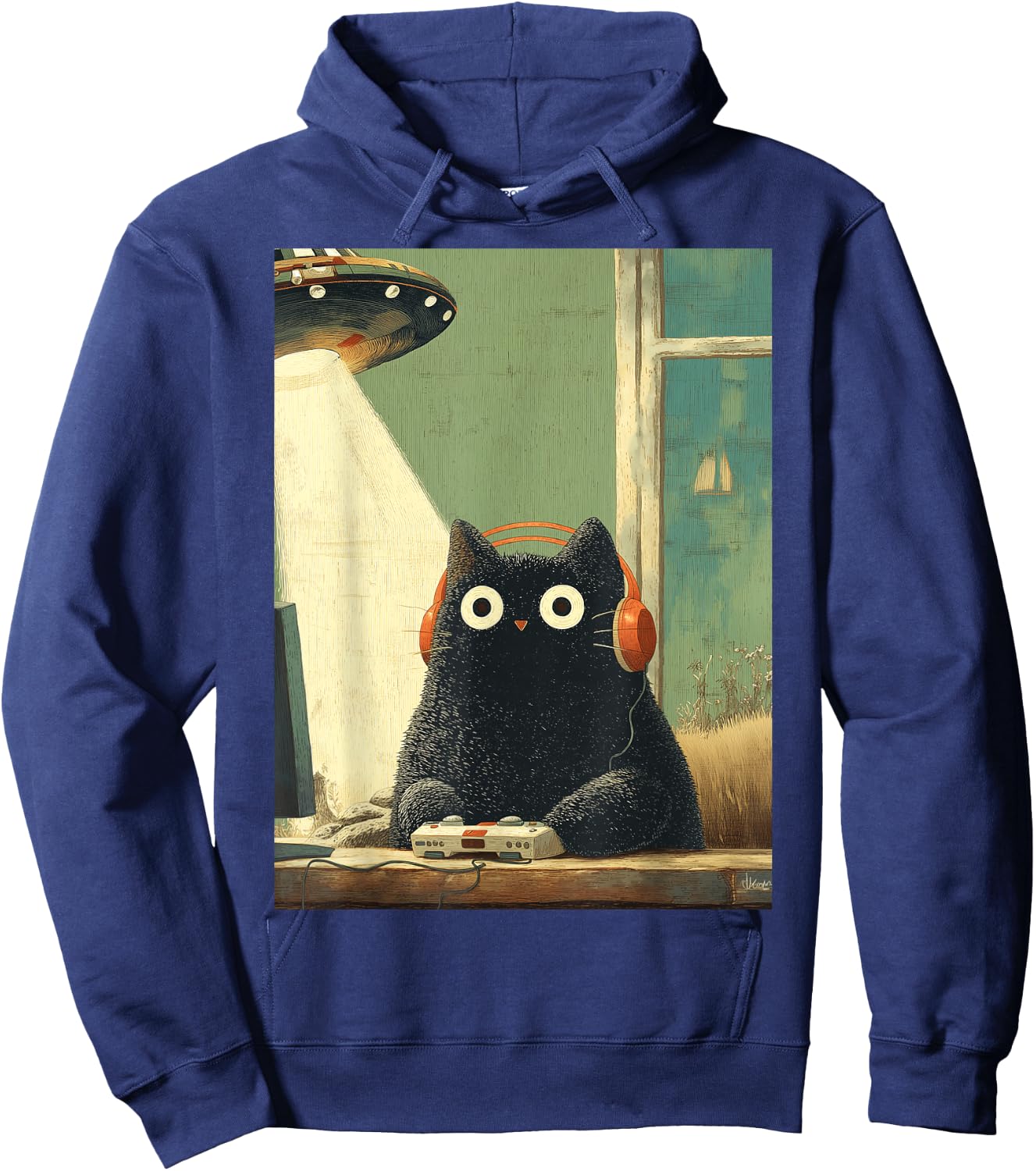 Japanische Schwarze Gamer Cat Videospiele Abduktion UFO Space Hoodie - Hoodie | Navy