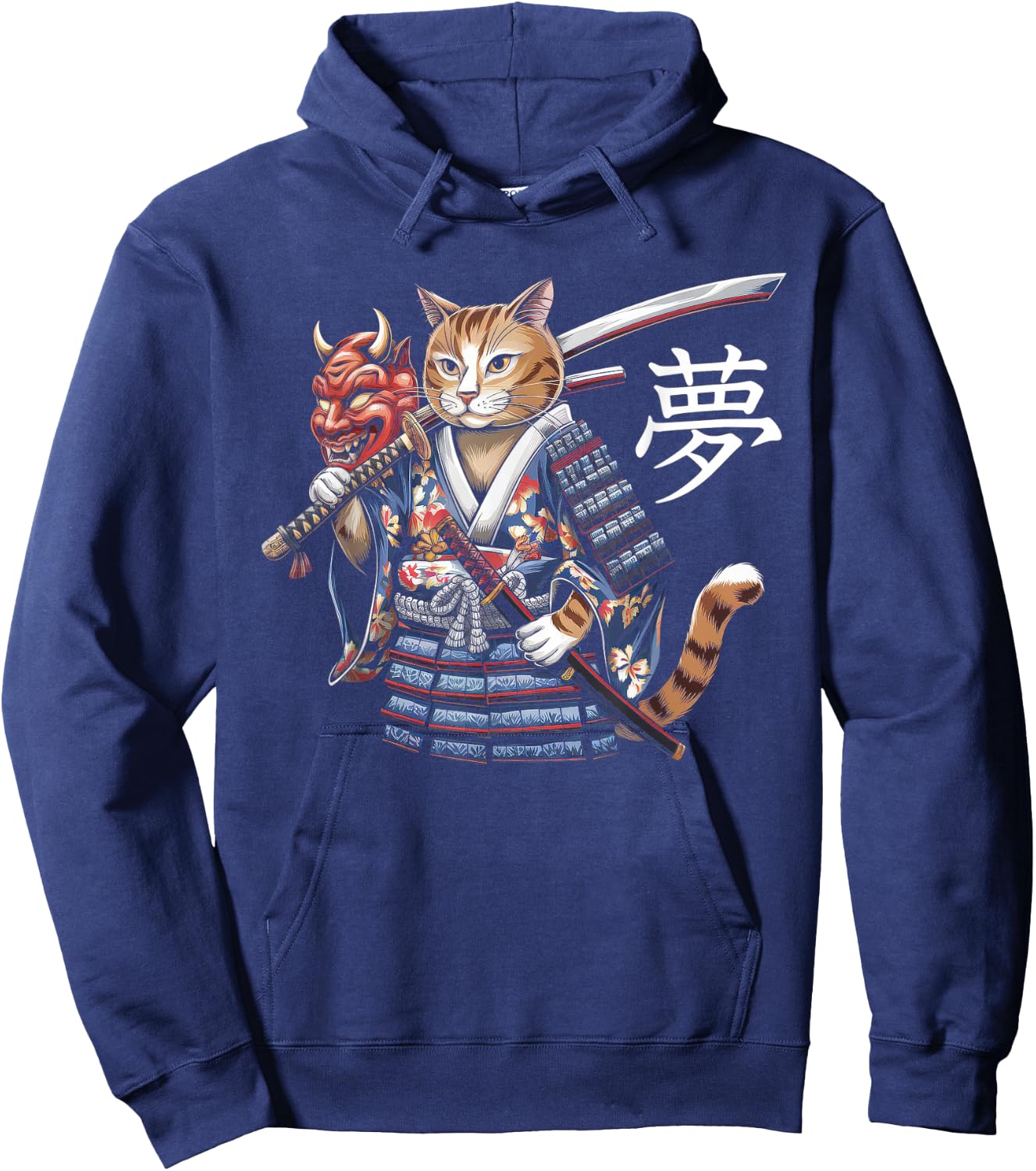 Samurai Cat Vintage Ukiyo-e Warrior Kanji Japan Anime Ink Hoodie - Hoodie | Navy