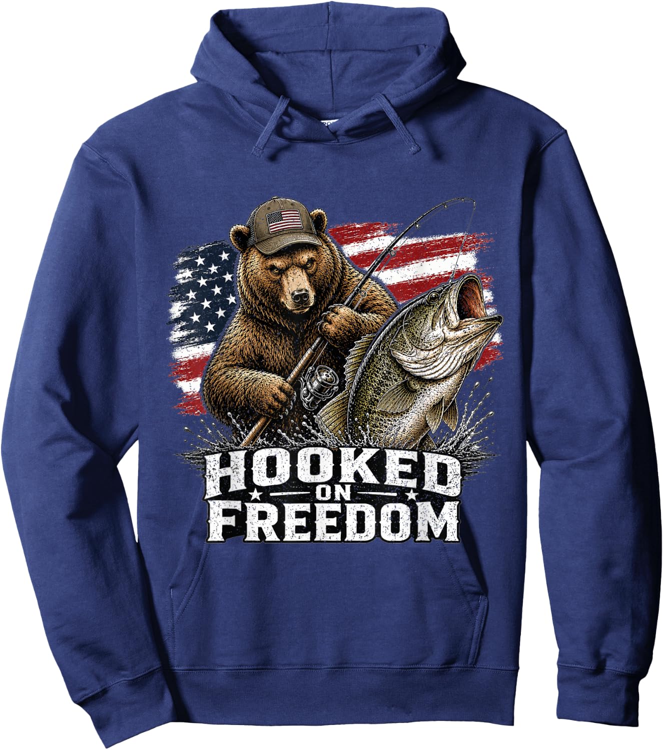 Hooked On Freedom Bear Fishing Patriotic USA Gift Hoodie - Hoodie | Navy