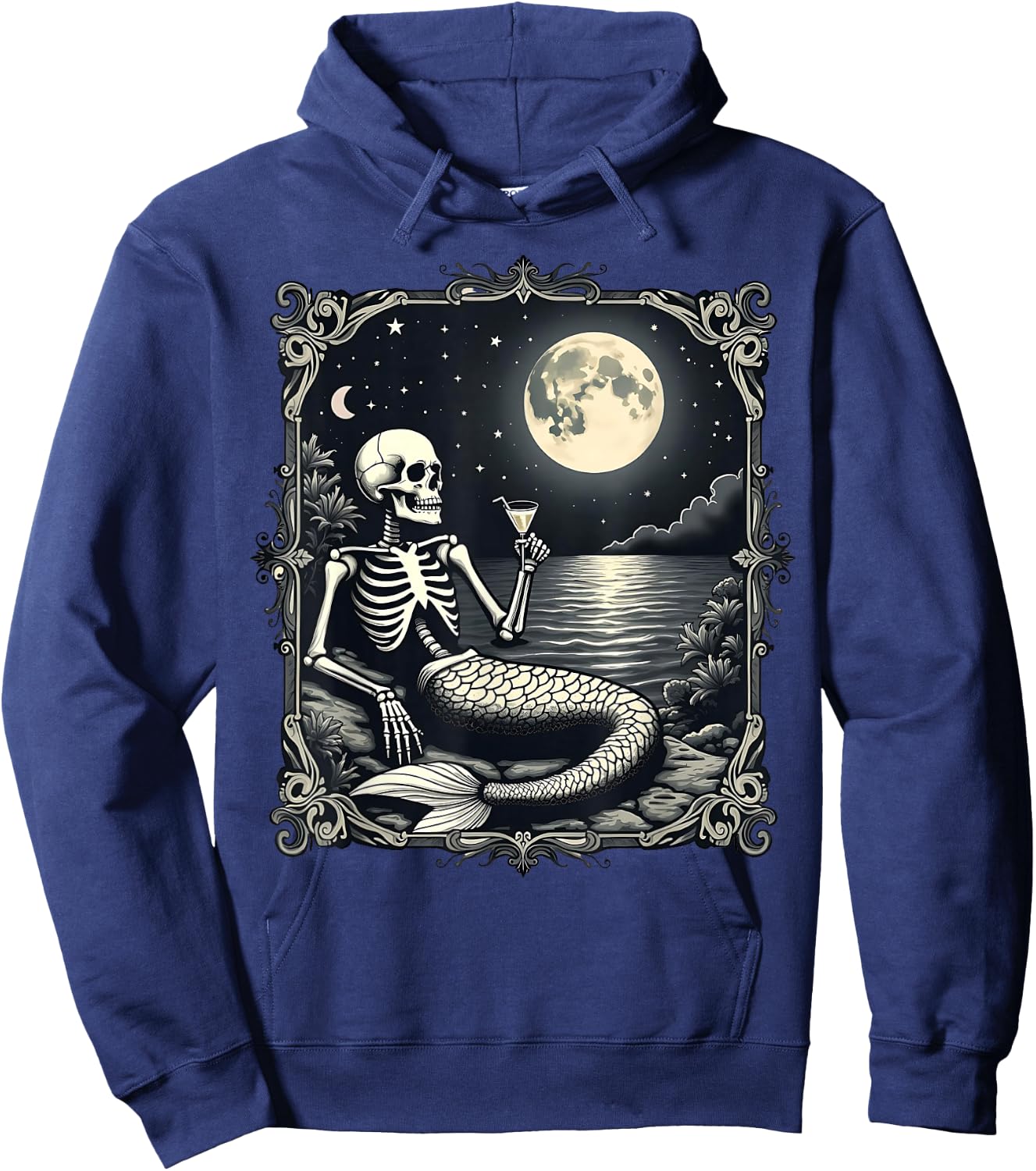 Funny Skeleton Mermaid at Full Moon Cool Mermaid Graphic Hoodie - Hoodie | Navy