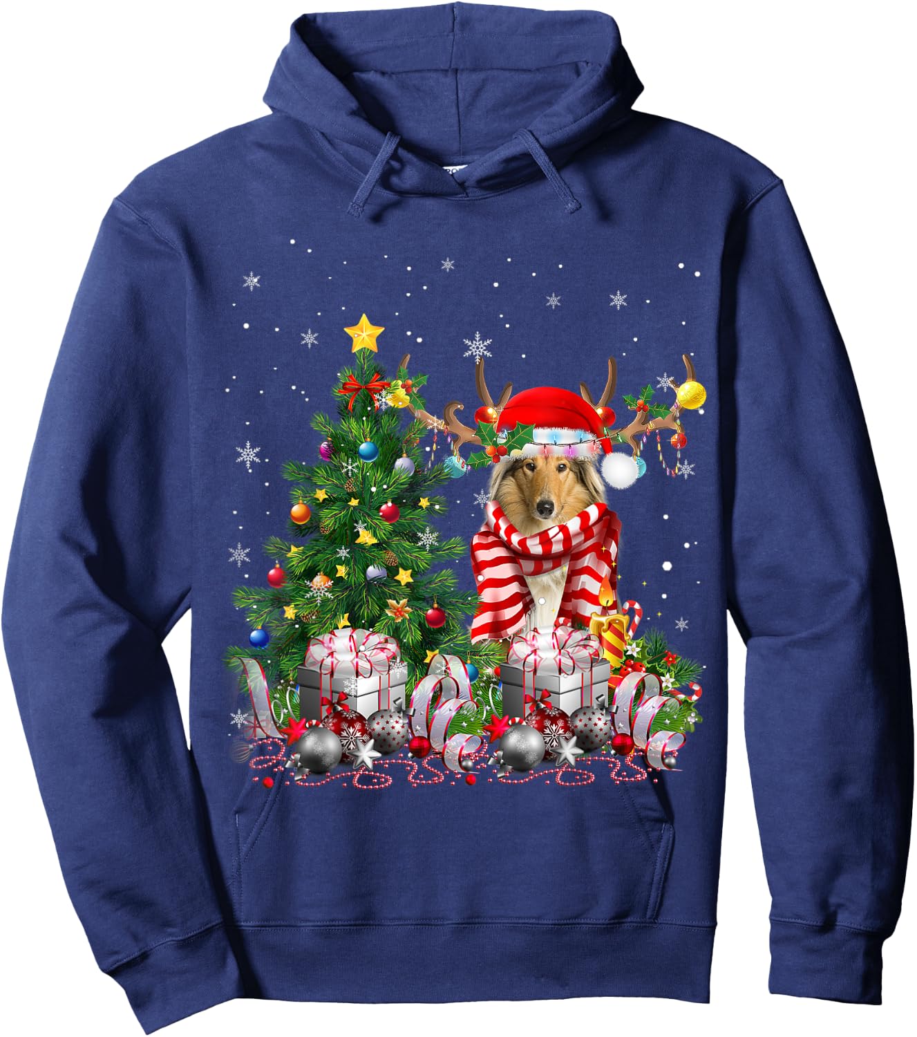 Scotch Collie Dog Christmas Tree Lights Santa Pajamas Xmas Men Women Kids Hoodie - Hoodie | Navy