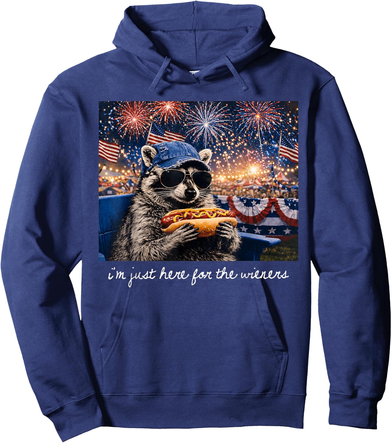 I'm Just Here for The Wieners Raccoon Fireworks 4th of July Hoodie - Hoodie | Navy