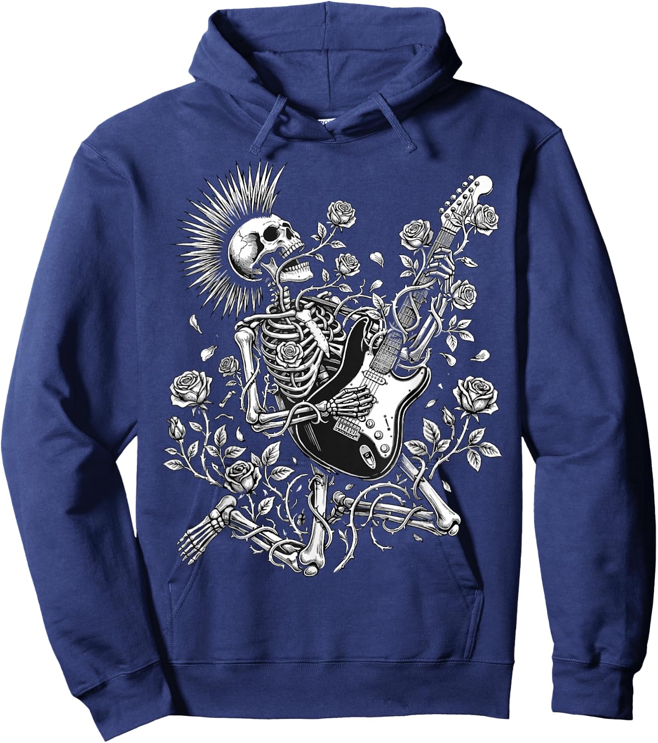 Rock and Roll Rose Skeleton Playing Guitar Hoodie - Hoodie | Navy