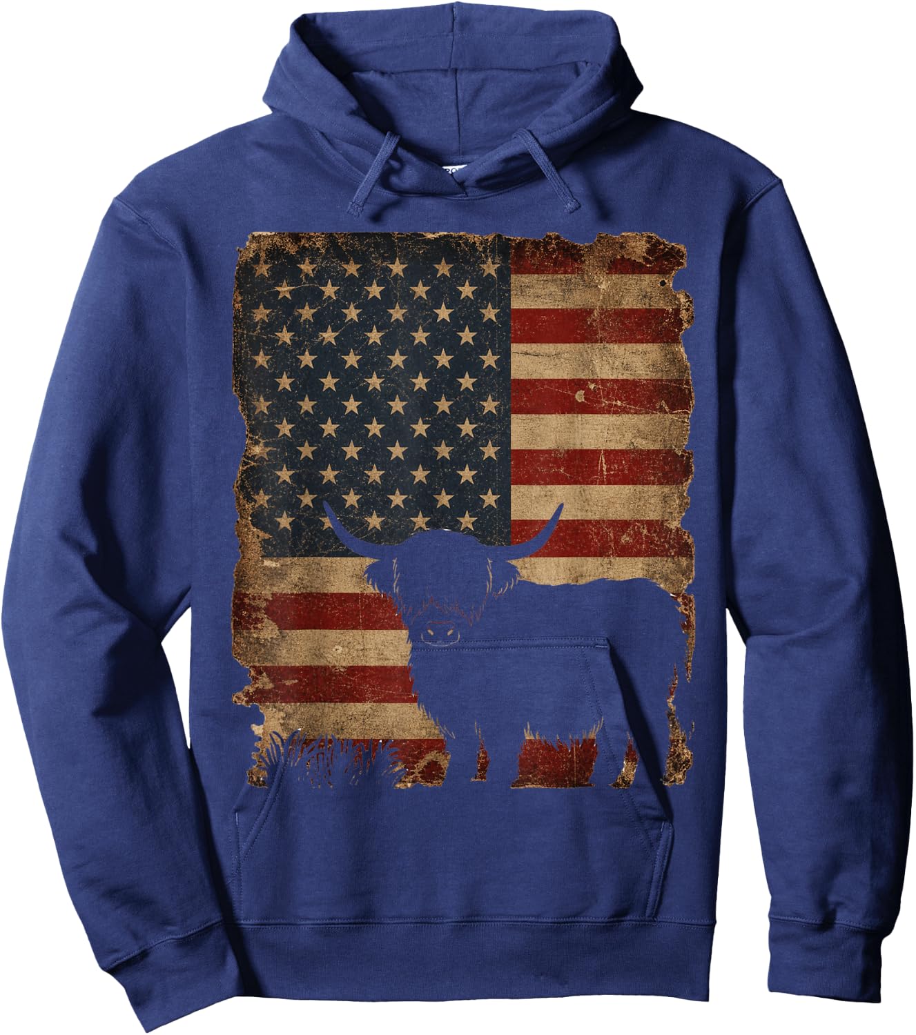 Highland Cow 4th of July Vintage American Flag Hoodie - Hoodie | Navy