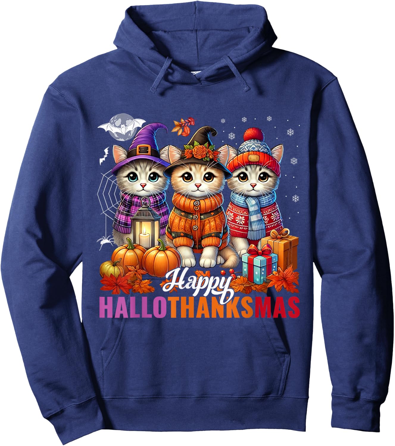 Halloween Thanksgiving Christmas Happy HalloThanksMas Cats Hoodie - Hoodie | Navy