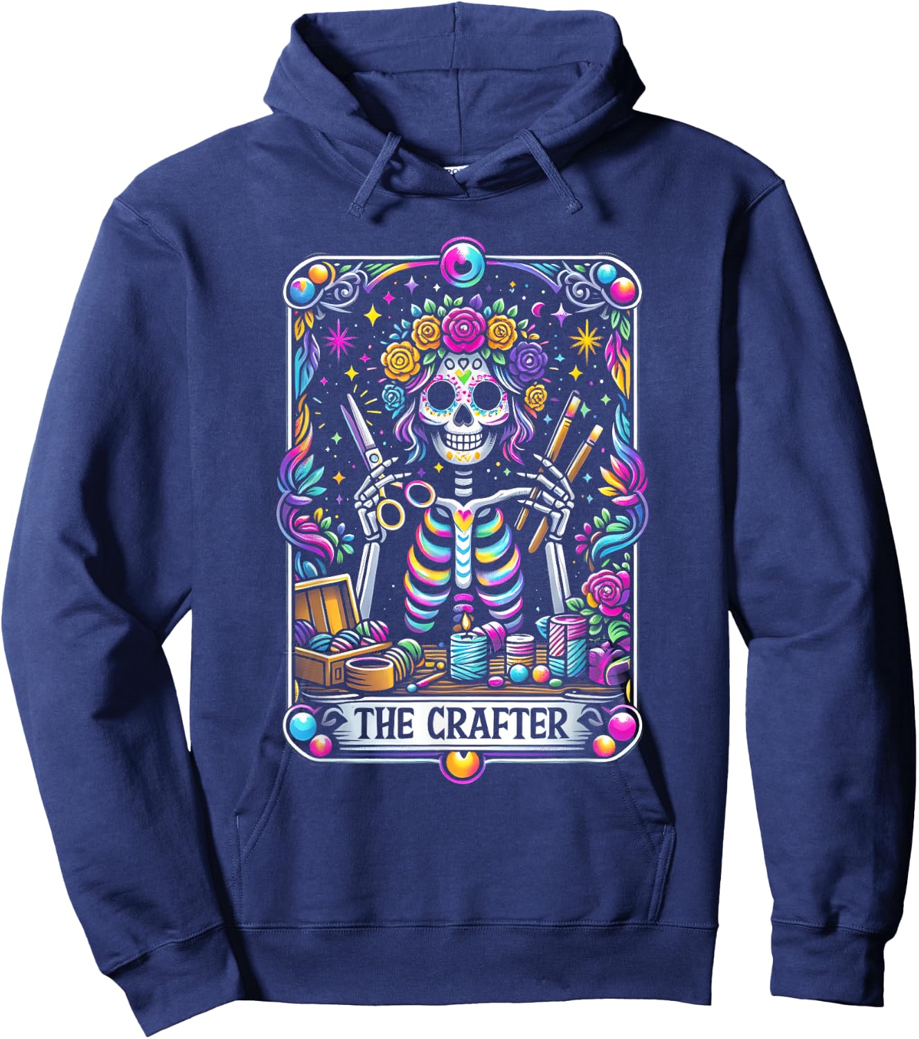 Funny Sugar Skull Crafty The-Crafter Tarot Card Skeleton Hoodie - Hoodie | Navy