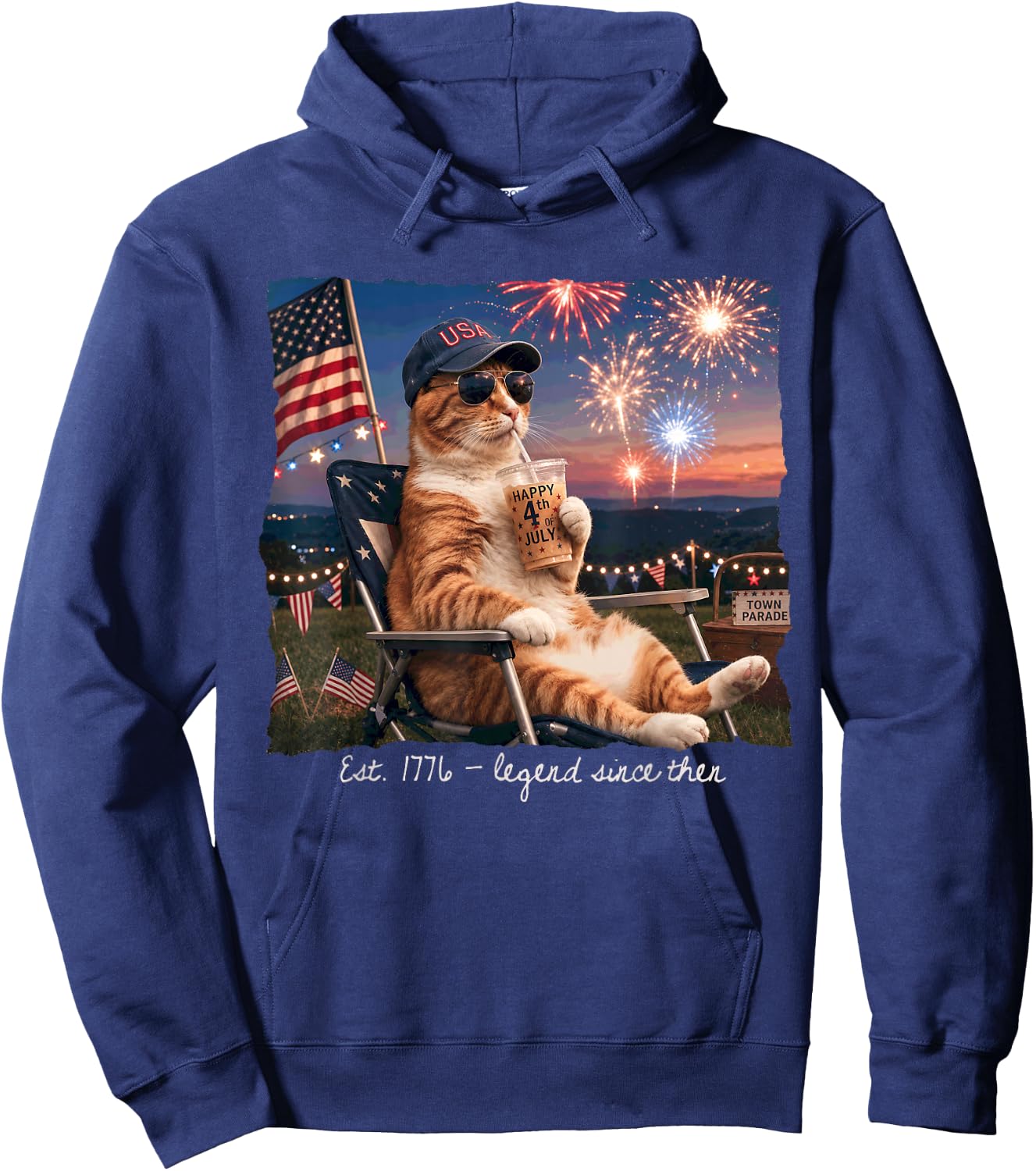 Funny 4th of July Cat Fireworks Est 1776 Legend Since Then Hoodie - Hoodie | Navy
