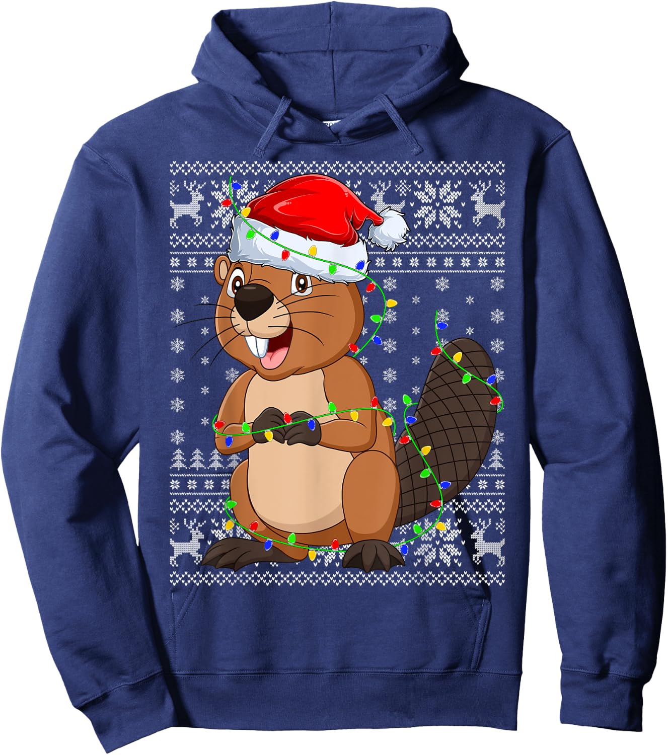 Ugly Sweater Xmas Lights Santa Hat Beaver Christmas Hoodie - Hoodie | Navy
