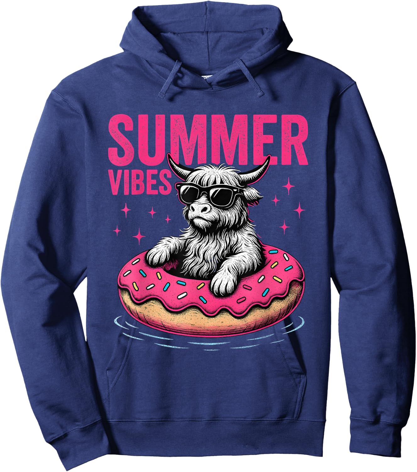 Highland Cow Summer Vibes Donut Float Hoodie - Hoodie | Navy