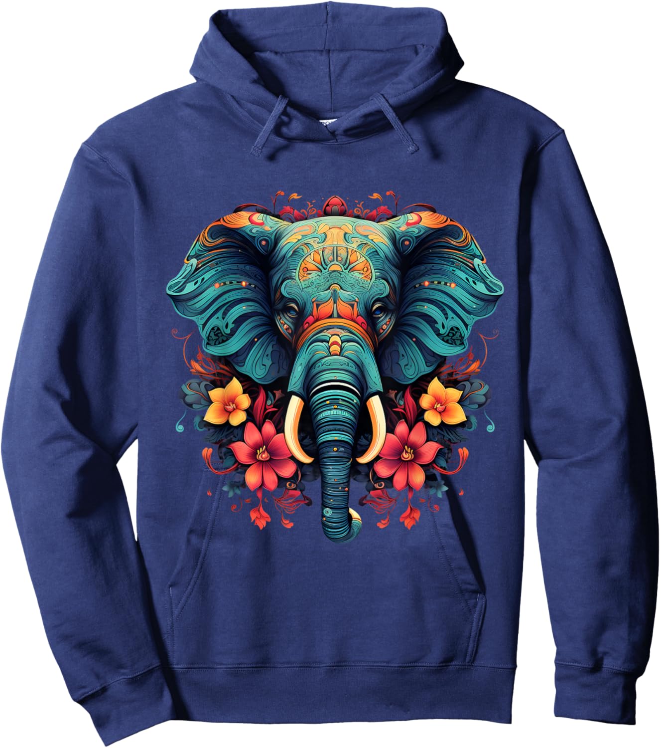 Elephant Portrait Floral Artwork Motif Animal Art Nature Hoodie - Hoodie | Navy